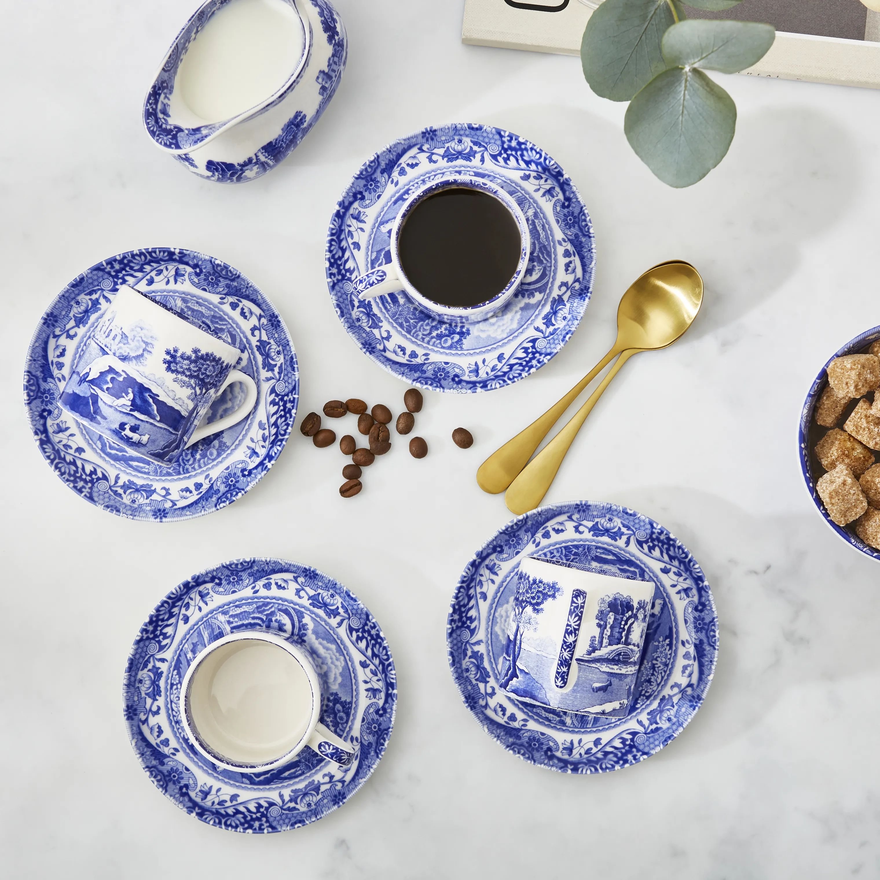 Spode Krus og kopper med hank Blue Italian Blue Italien Kaffekop m. underkop - 4 stk. i Blå/hvid, 2