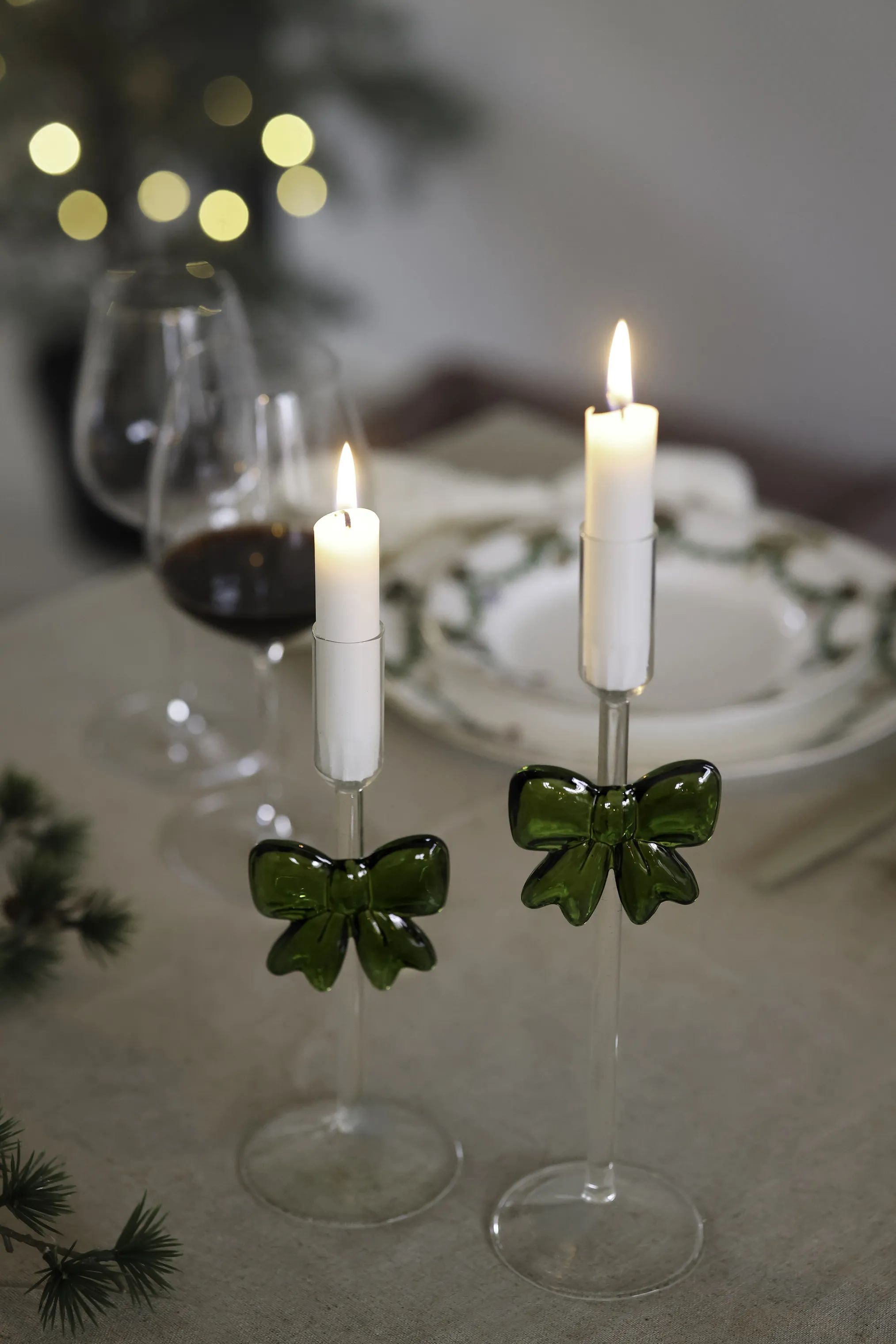 Casa Christmas Kronelysestage Lysestage i klar/med grøn sløjfe, 23 cm, 2