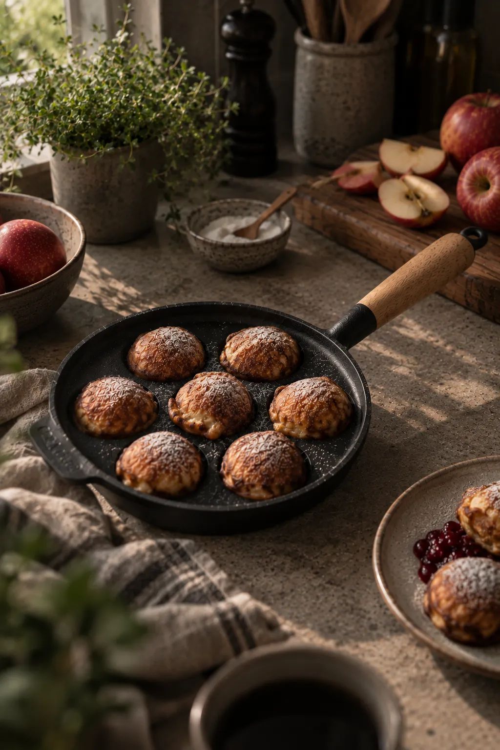 Carl Victor Æbleskivepander Æbleskivepande i Støbejern, Bøgetræ, 2