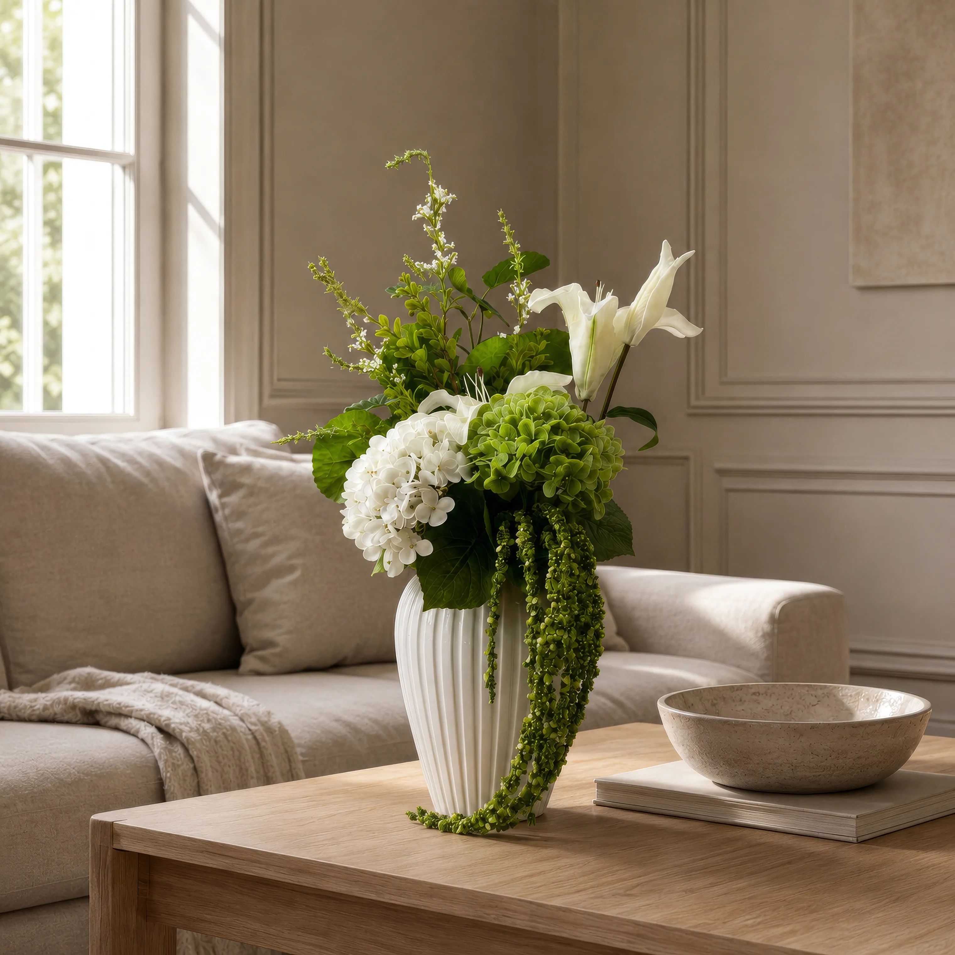 everbloom Kunstige blomster Kunstig Real Touch Blomsterbuket i Hvid/grøn, 3