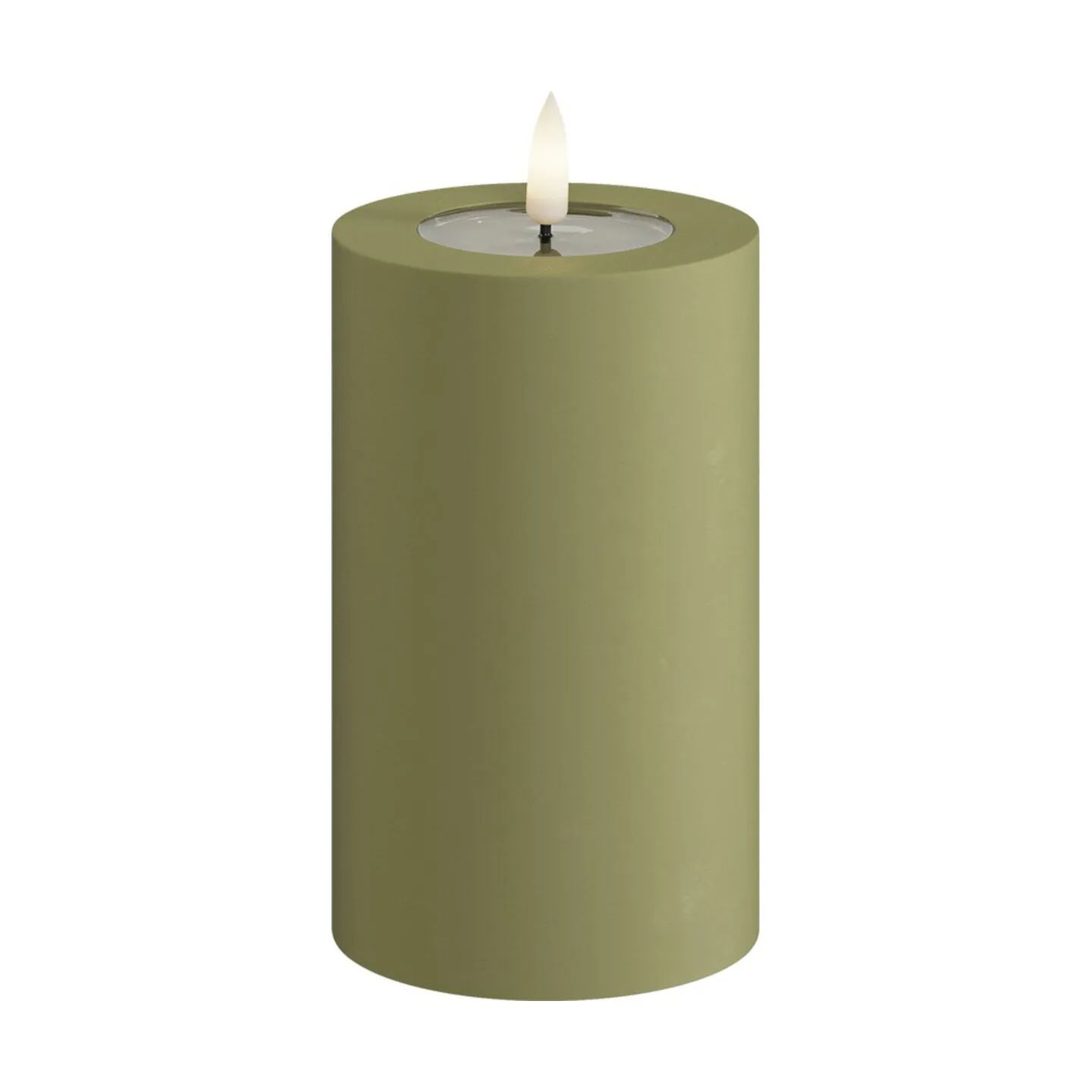 Deluxe Homeart LED-lys Real Flame LED Udendørs Bloklys i Oliven Grøn, H12,5 x Ø7,5 cm, 1