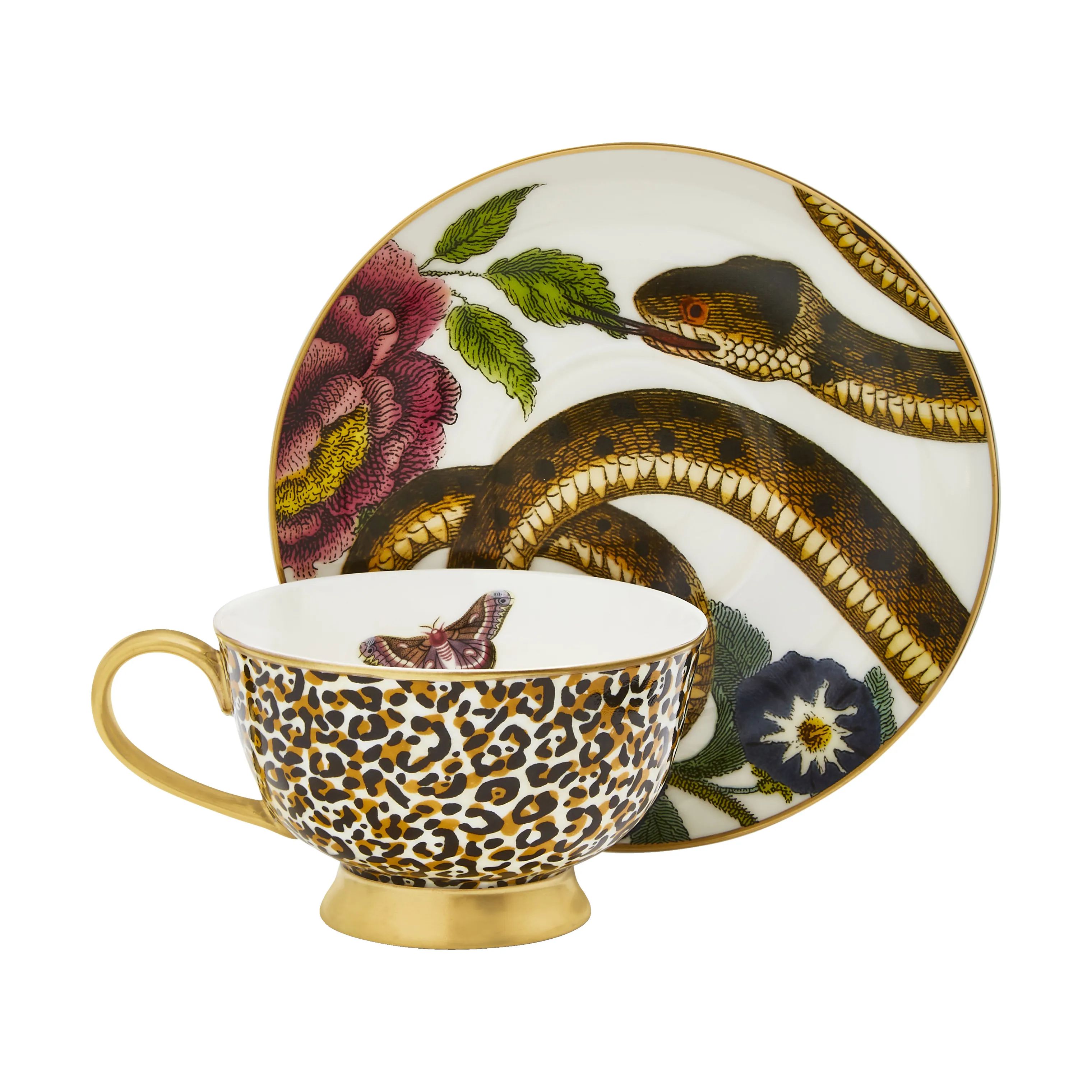 Spode Krus og kopper med hank Creatures Of Curiosity Tekop m. underkop i Leopard/guld, 3
