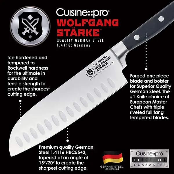 THE CUSTOM CHEF™ Santokuknive Cuisine::pro® WOLFGANG
STARKE™ Cuisine::pro WOLFGANG STARKE™ Santokukniv i sølvfarvet/sort, 41,9 cm, 3