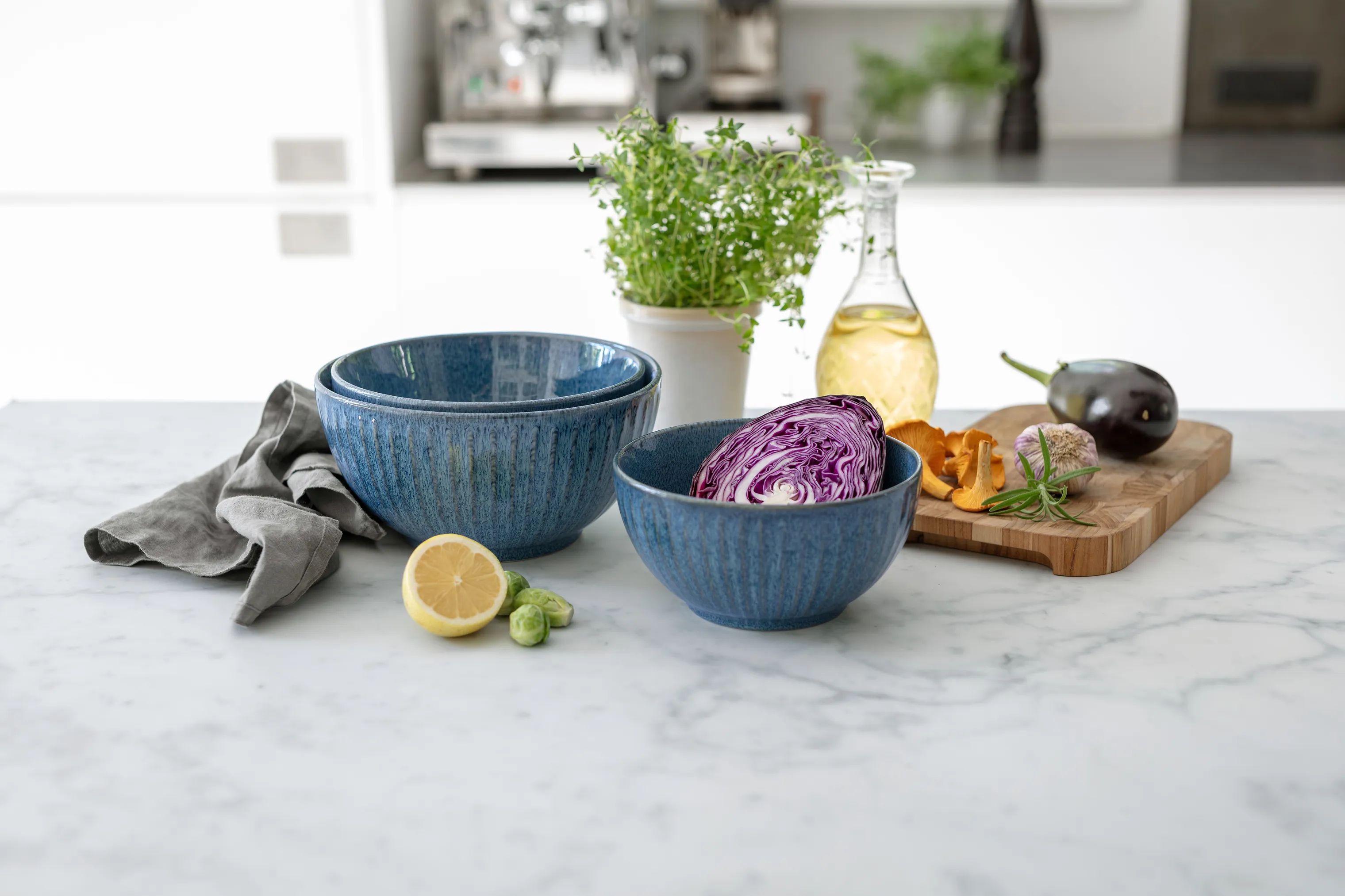 CASA Living Serveringsskåle Sofia Riflet Skålsæt - 3 stk. i Blå, 2