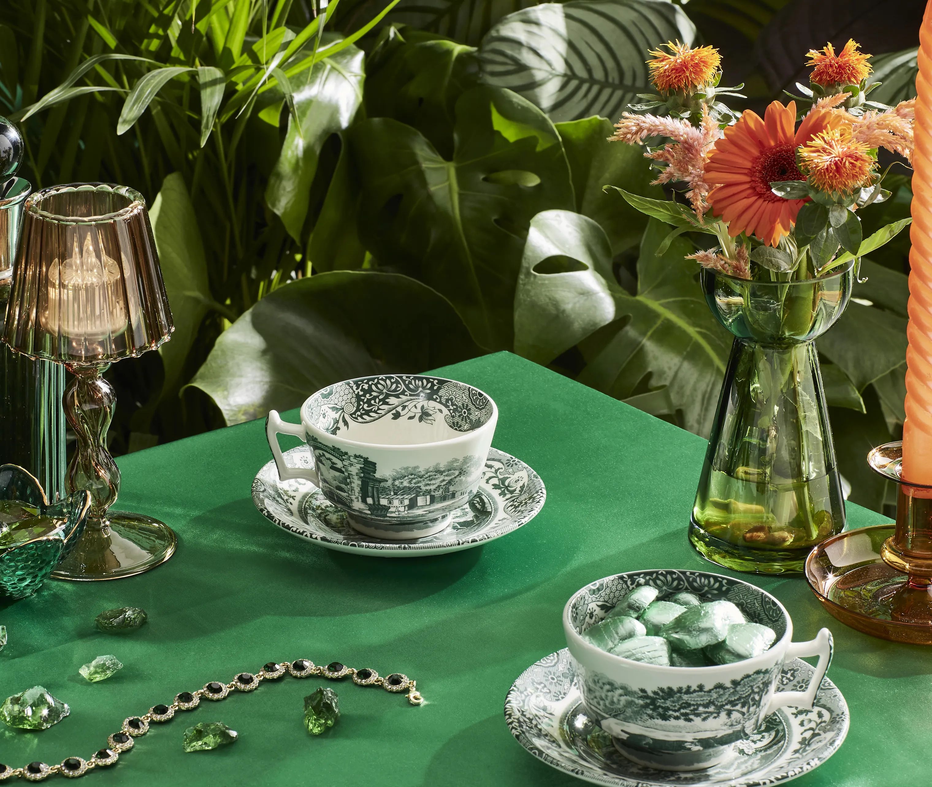 Spode Krus og kopper med hank Heritage Green Italian Tekop m. underkop - 4 stk. i Grøn/hvid, 2