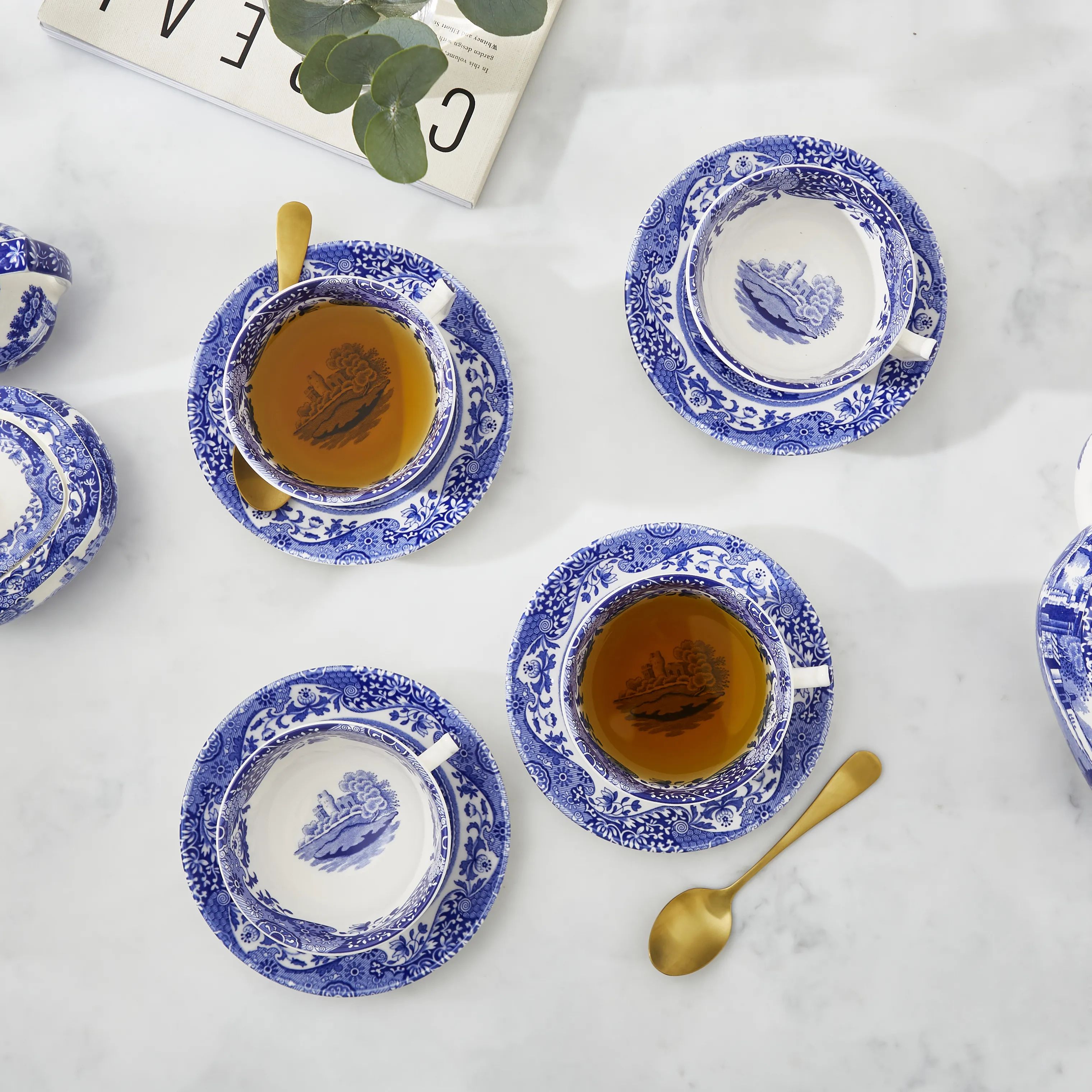 Spode Krus og kopper med hank Blue Italian Blue Italien Tekop m. underkop - 4 stk. i Blå/hvid, 2