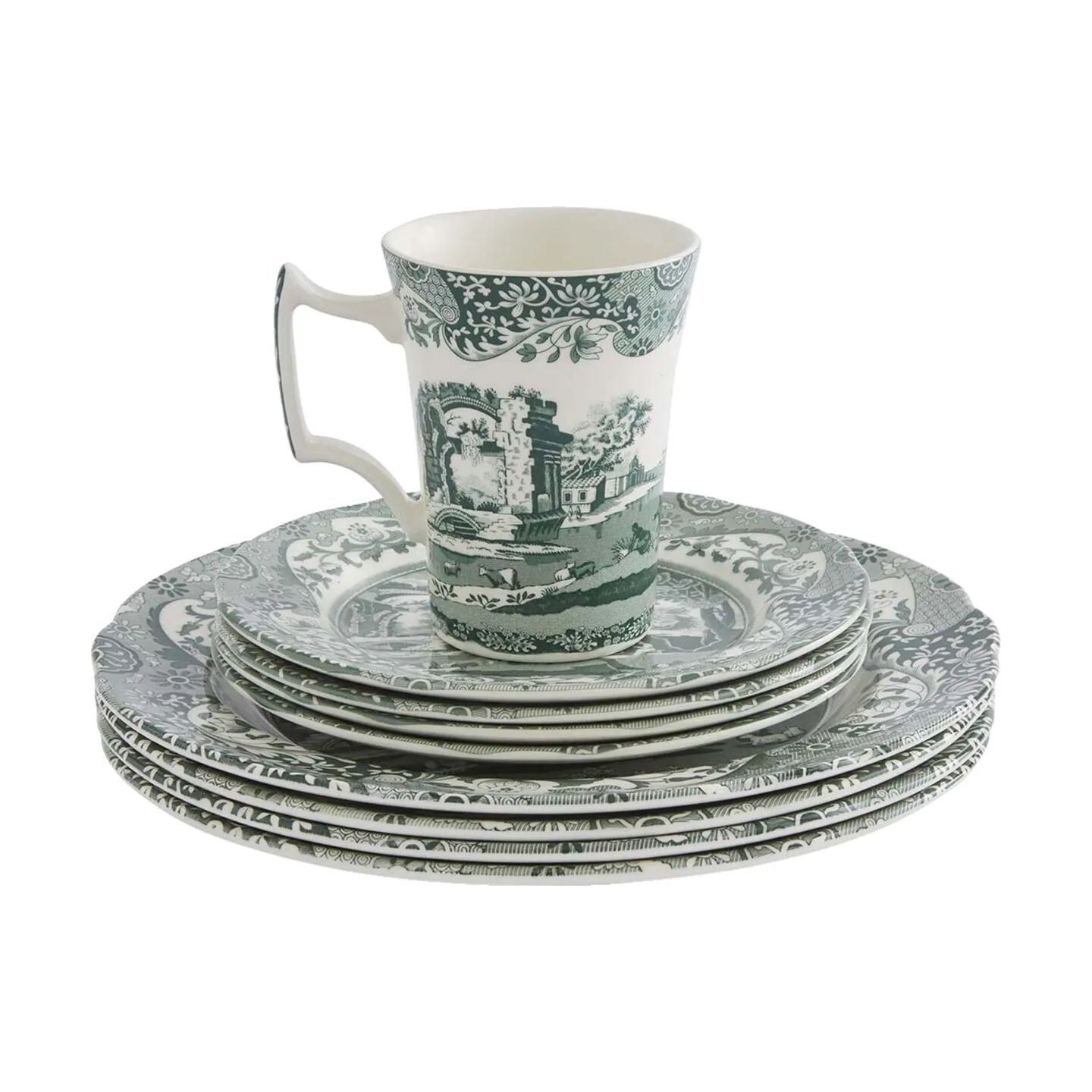 Spode Middagstallerkener Heritage Green Italian sæt - 12 dele i Grøn/hvid, 3
