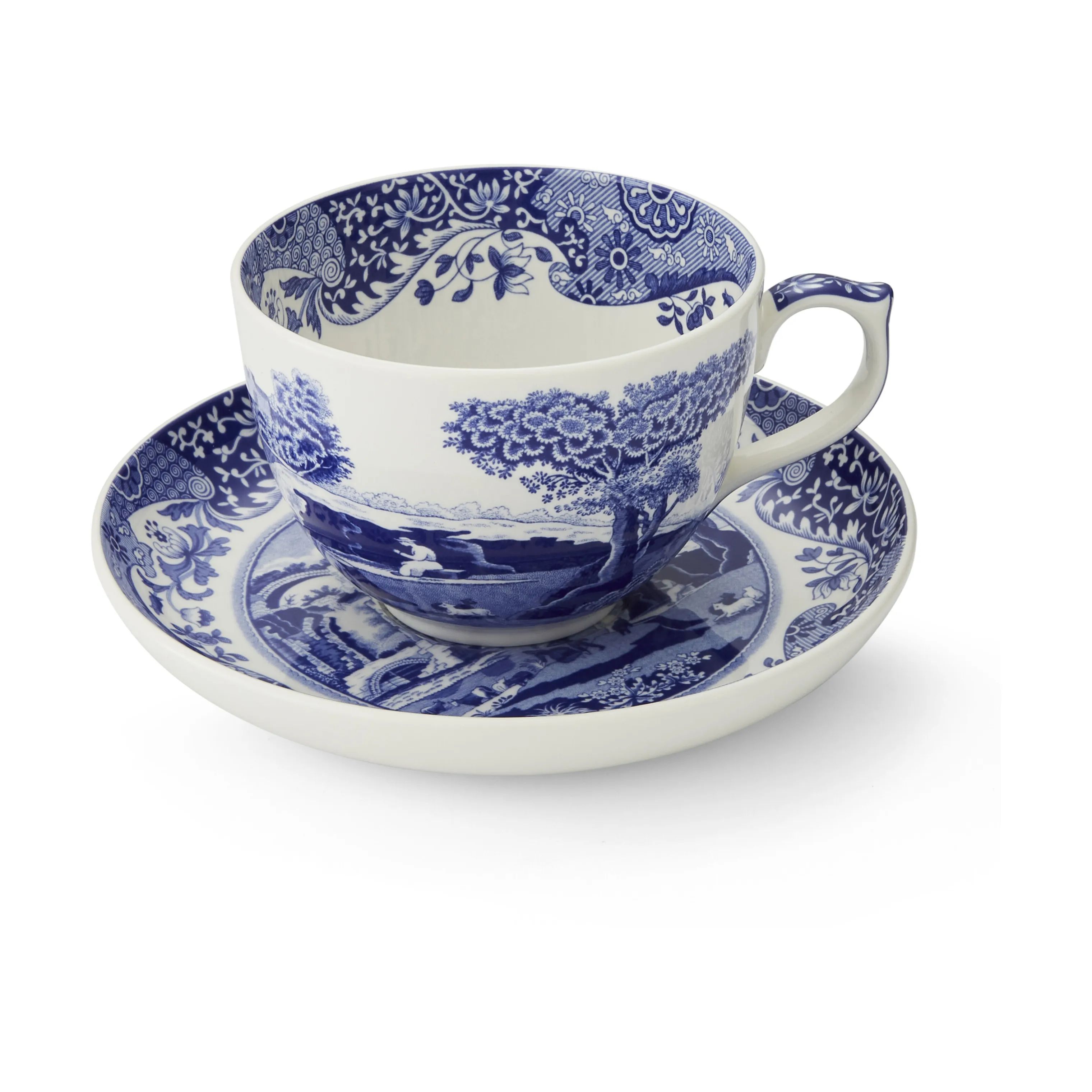 Spode Krus og kopper med hank Blue Italian Blue Italien Jumbokop m. underkop i blå/hvid, 1