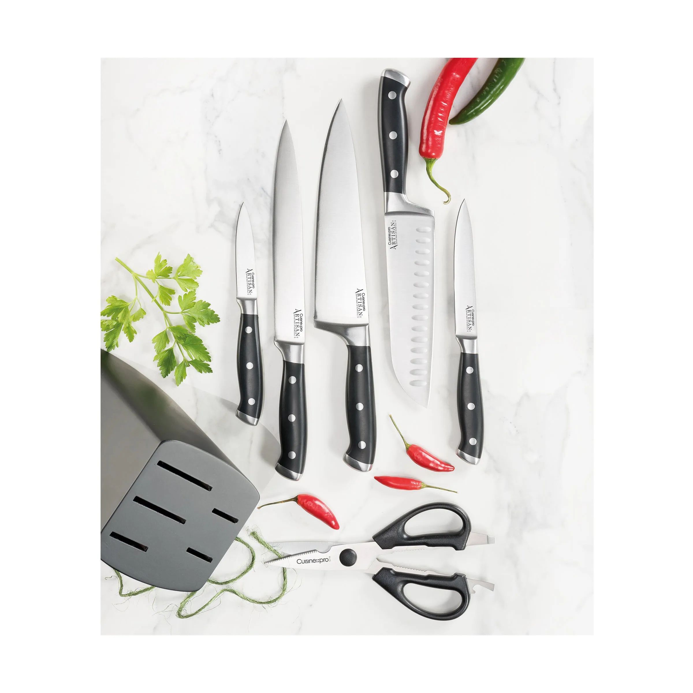 THE CUSTOM CHEF™ Knivblokke med knive Cuisine::pro®
Artisan™ Cuisine::pro Artisan™ Finster Knivblok - 7 dele i sølvfarvet/sort, 4