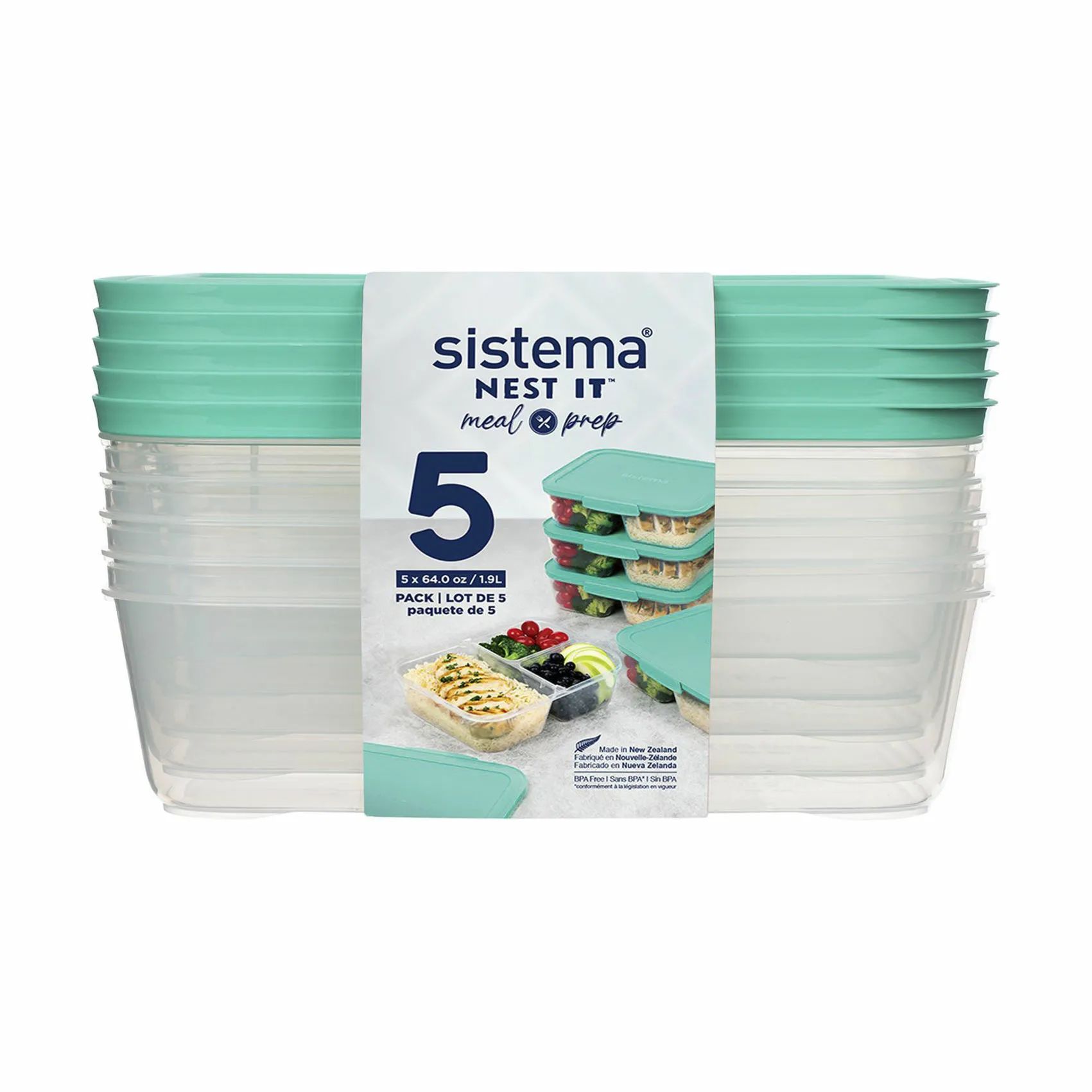 Sistema Opbevaringsbokse Nest It Meal Prep Opbevaringsboks - 5 stk. i Minty Teal, 1.9 L, 1