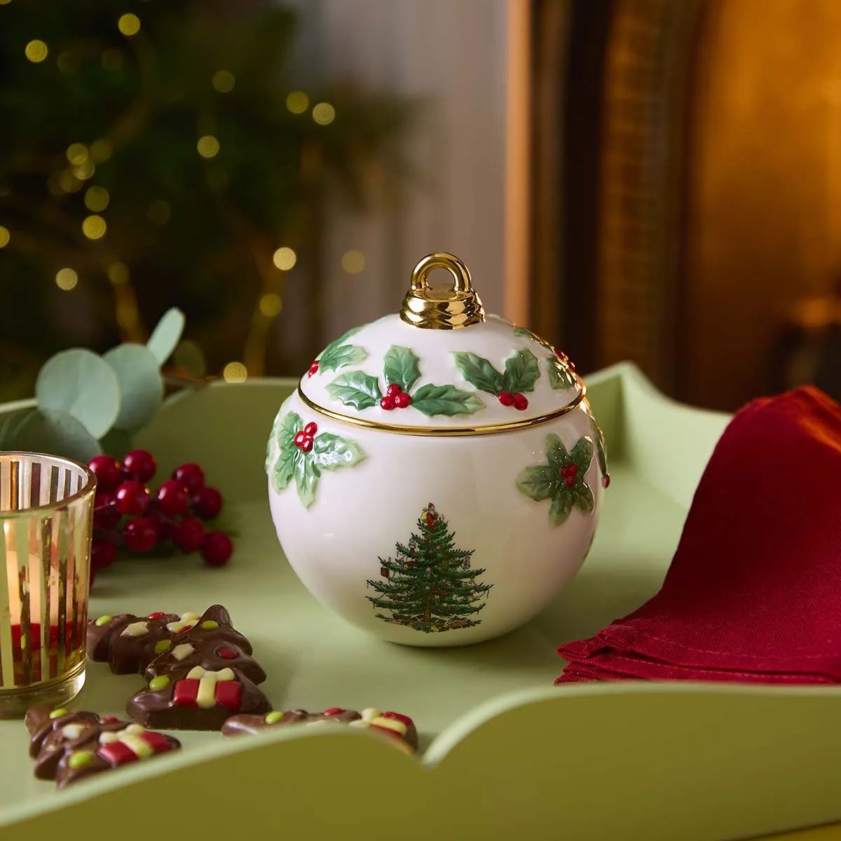 Spode Krukker med låg Christmas Tree Slikskål med låg i Rød/grøn/hvid, 2