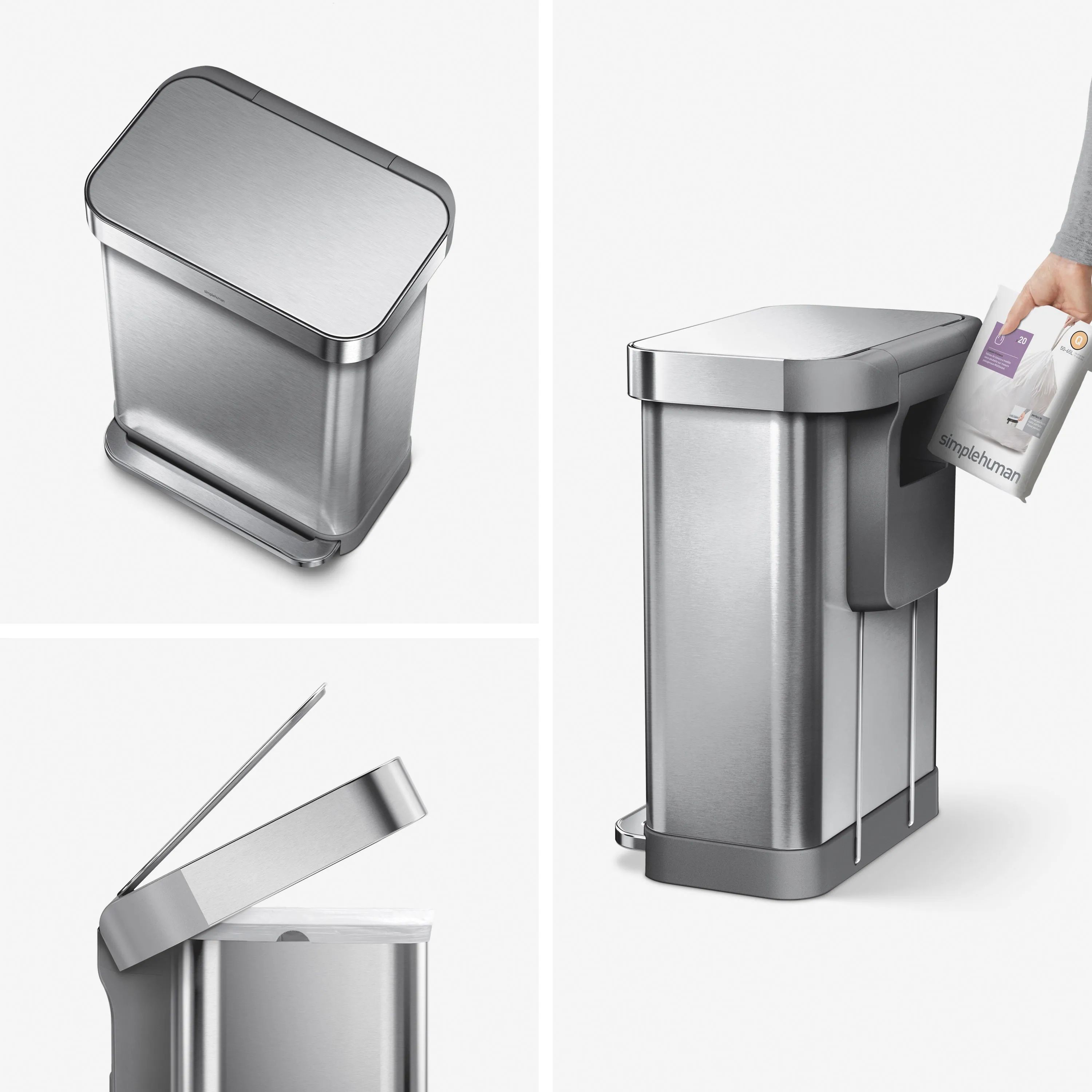 Simplehuman Pedalspande Slim Pedalspand i Børstet stål, 55 L, 2