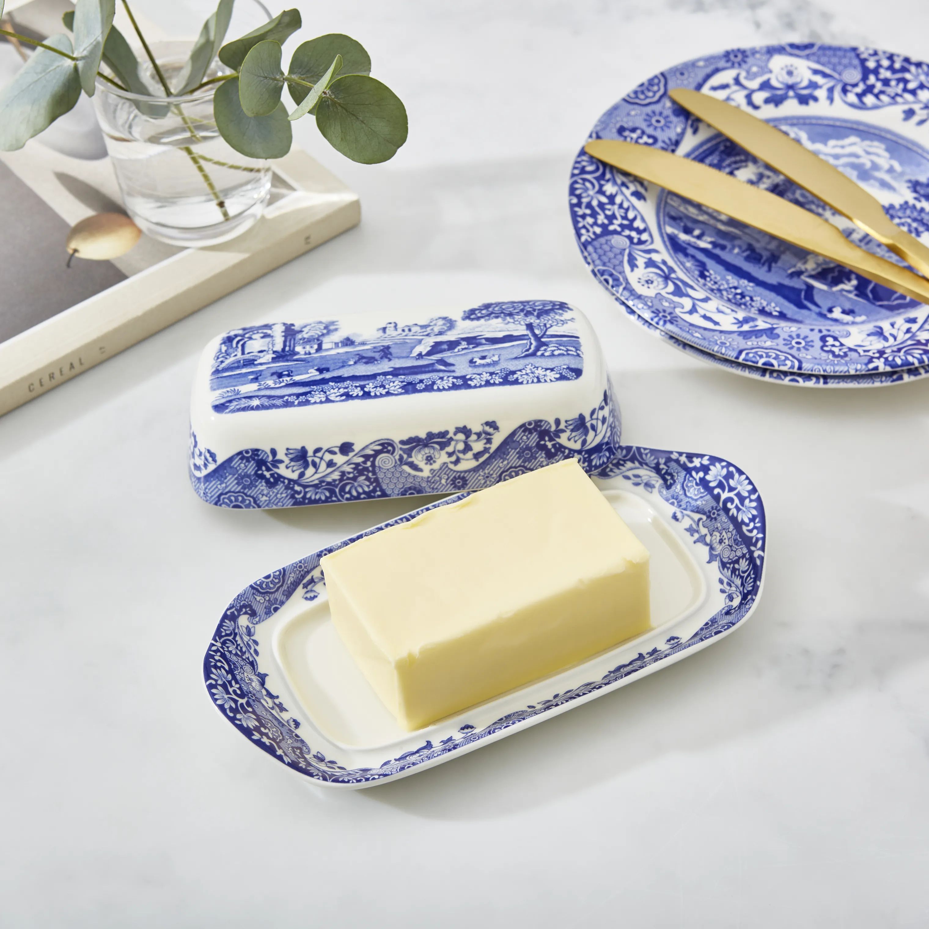 Spode Smørbokse Blue Italian Blue Italien Smørboks i blå/hvid, 2