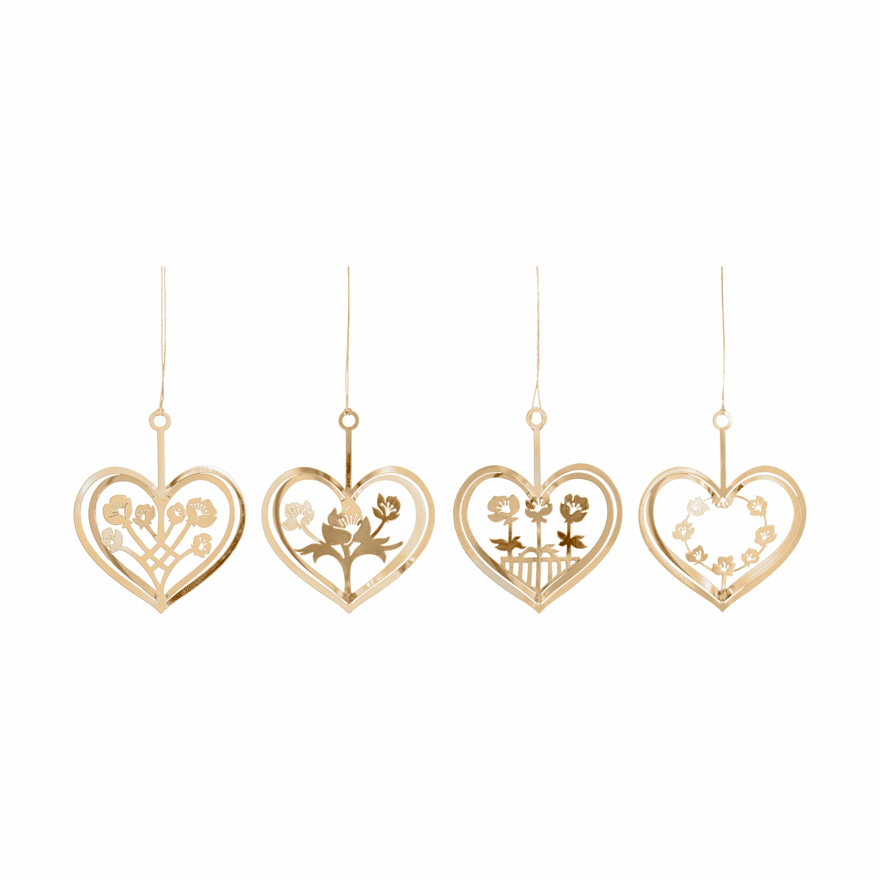 Jette Frölich Design Juleophæng Design Juleophæng Guldhjerter med blomster – 4 stk. i Guldfarvet, 6,5 cm, 1