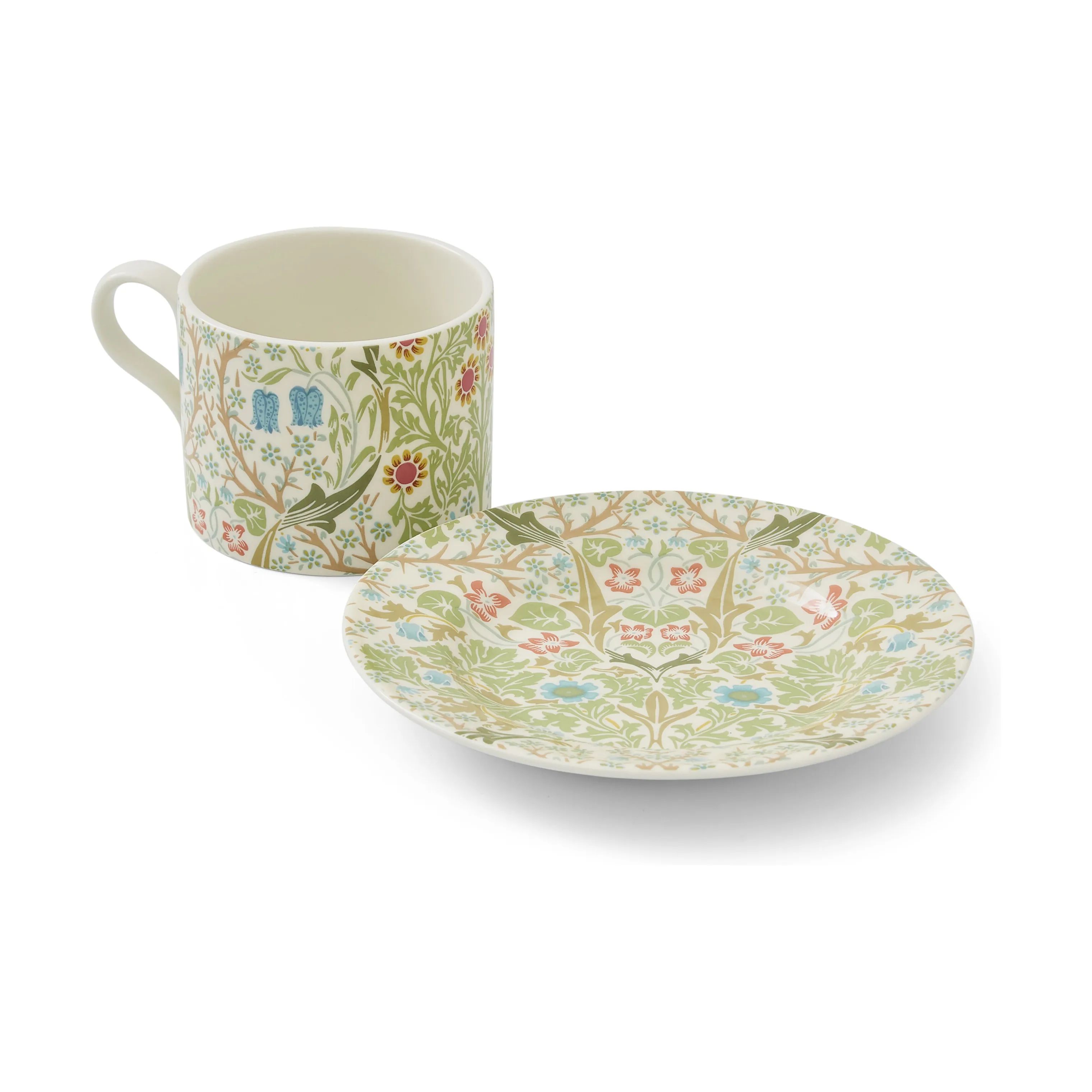 Spode Krus og kopper med hank Morris & Co Tekop m. underkop i Lyserød/Grøn/blå, 4