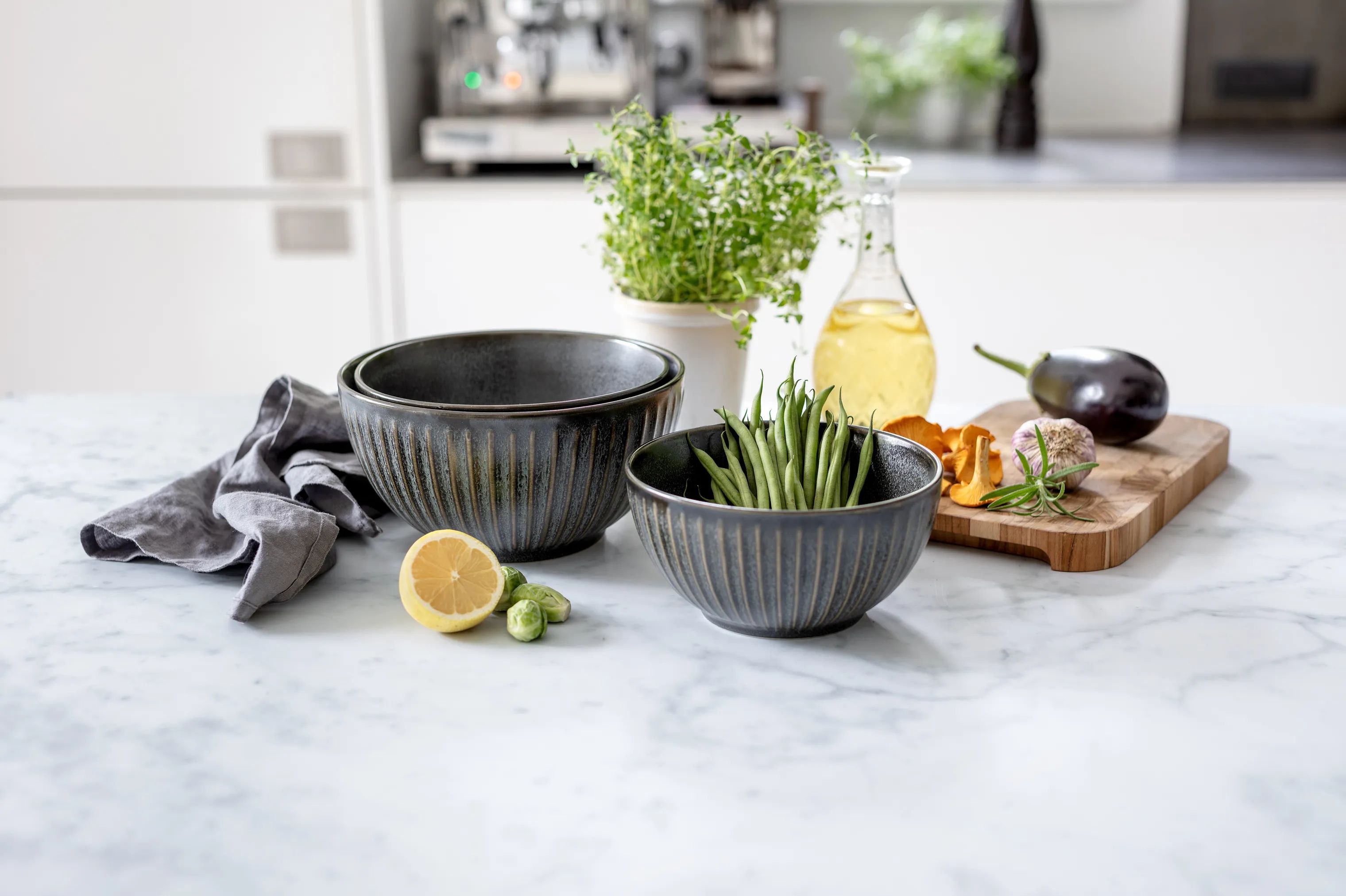 CASA Living Serveringsskåle Sofia Riflet Skålsæt - 3 stk. i Grå, 2