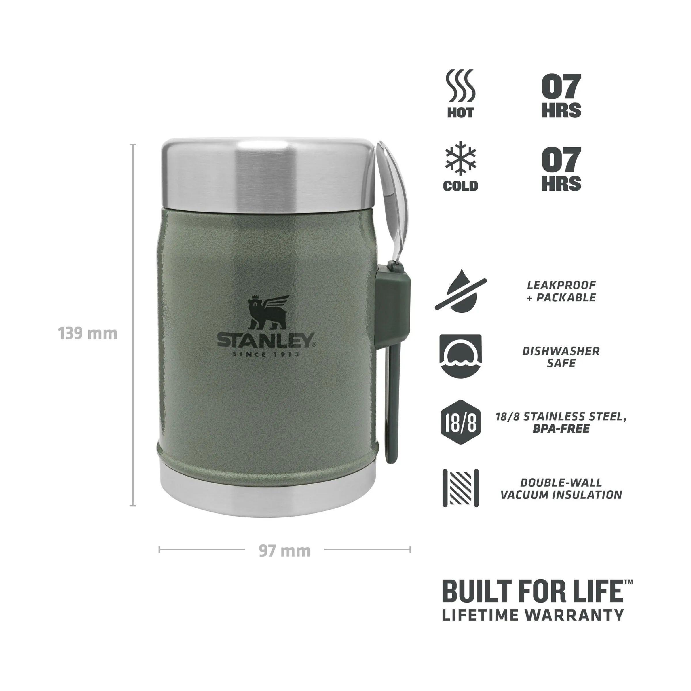 Stanley To go kopper Classic Madtermokande inkl. ske i Hammertone Green, 2