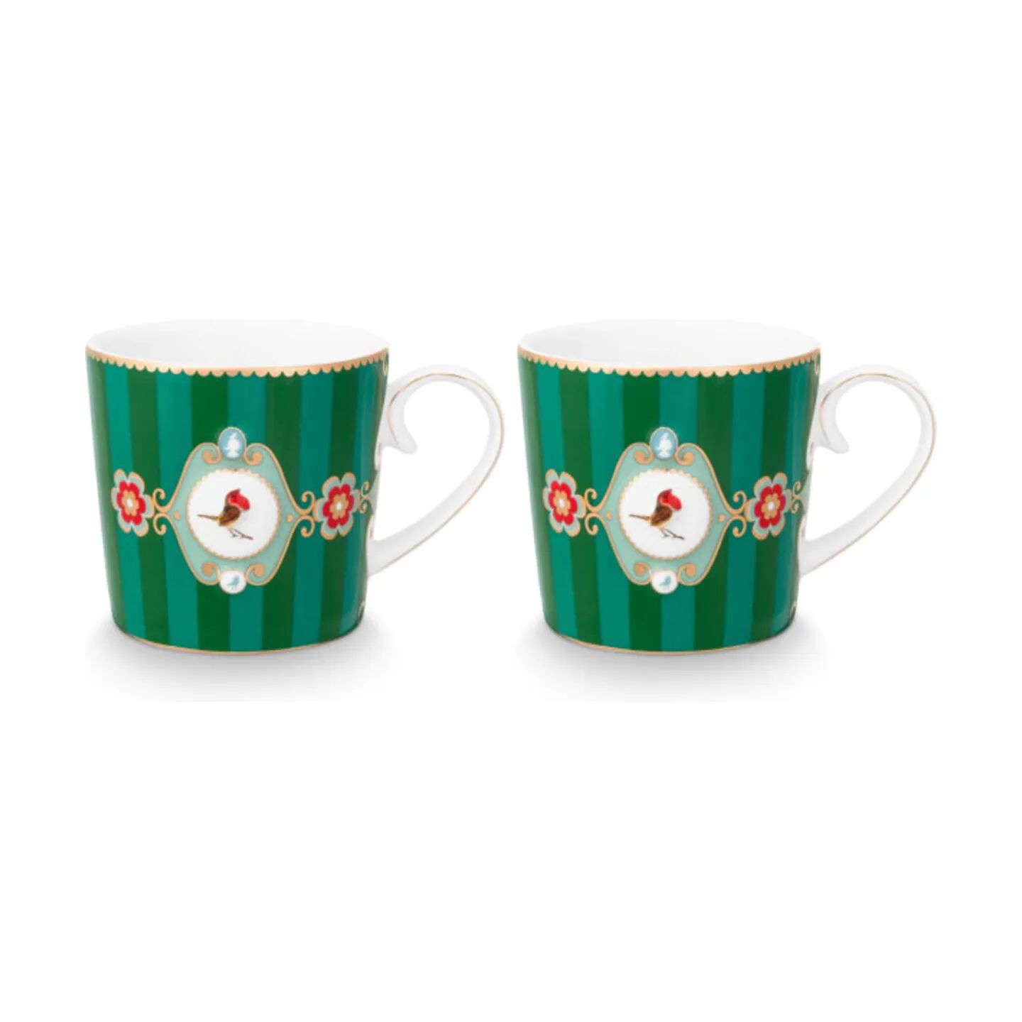 PIP Studio Krus og kopper med hank Love Birds Krus - 2 stk. i Green/striber, 190 ml, 1