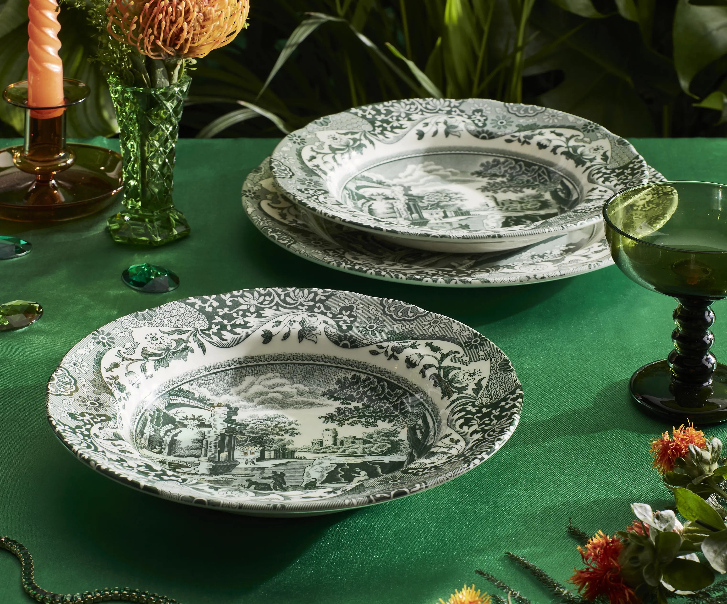 Spode Suppeskåle Heritage Green Italian Suppertallerken - 4 stk. i Grøn/hvid, 2