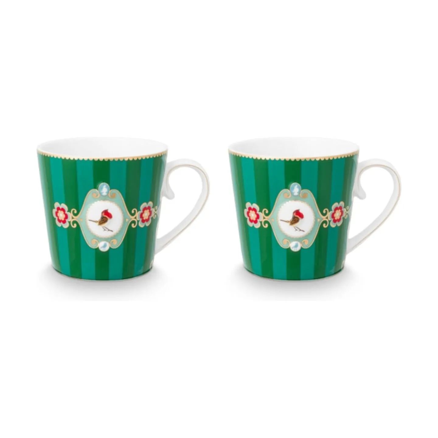 PIP Studio Krus og kopper med hank Love Birds Krus - 2 stk. i Green/striber, 300 ml, 1