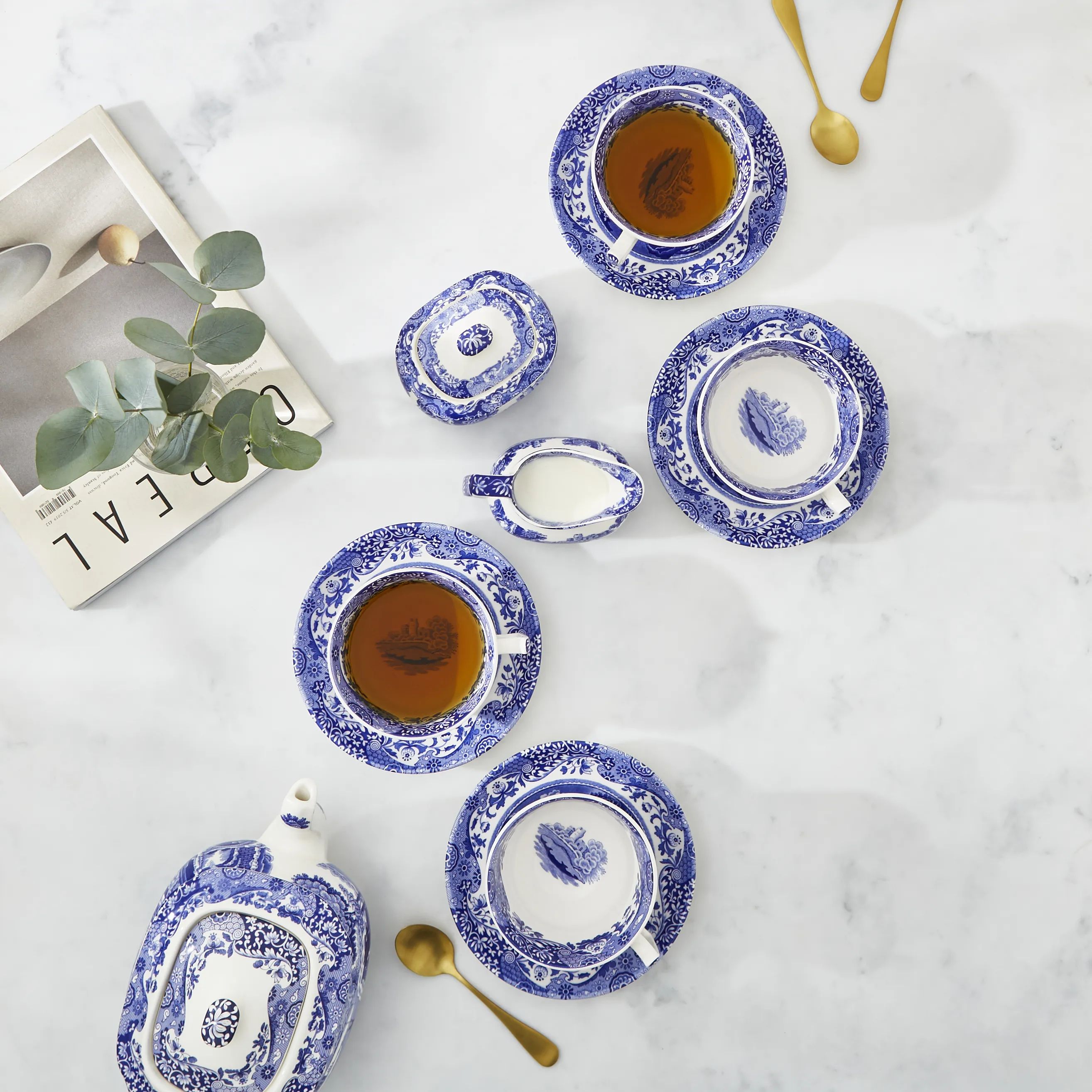 Spode Krus og kopper med hank Blue Italian Blue Italien Morgenkop m. underkop - 4 stk. i Blå/hvid, 3