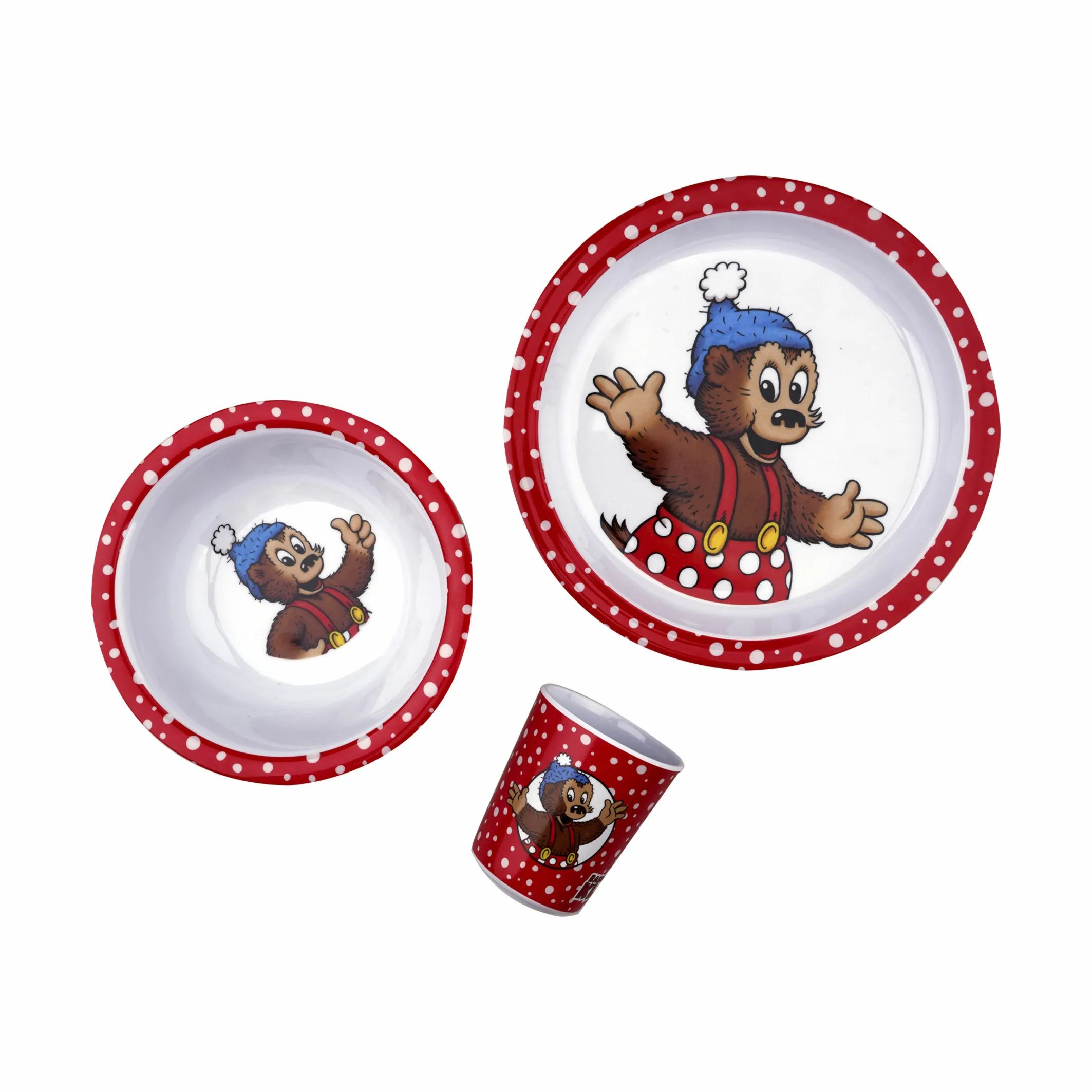 Barbo Toys Børnetallerkener Spisesæt Rasmus Klump - 3 dele i Rød/hvid, 1