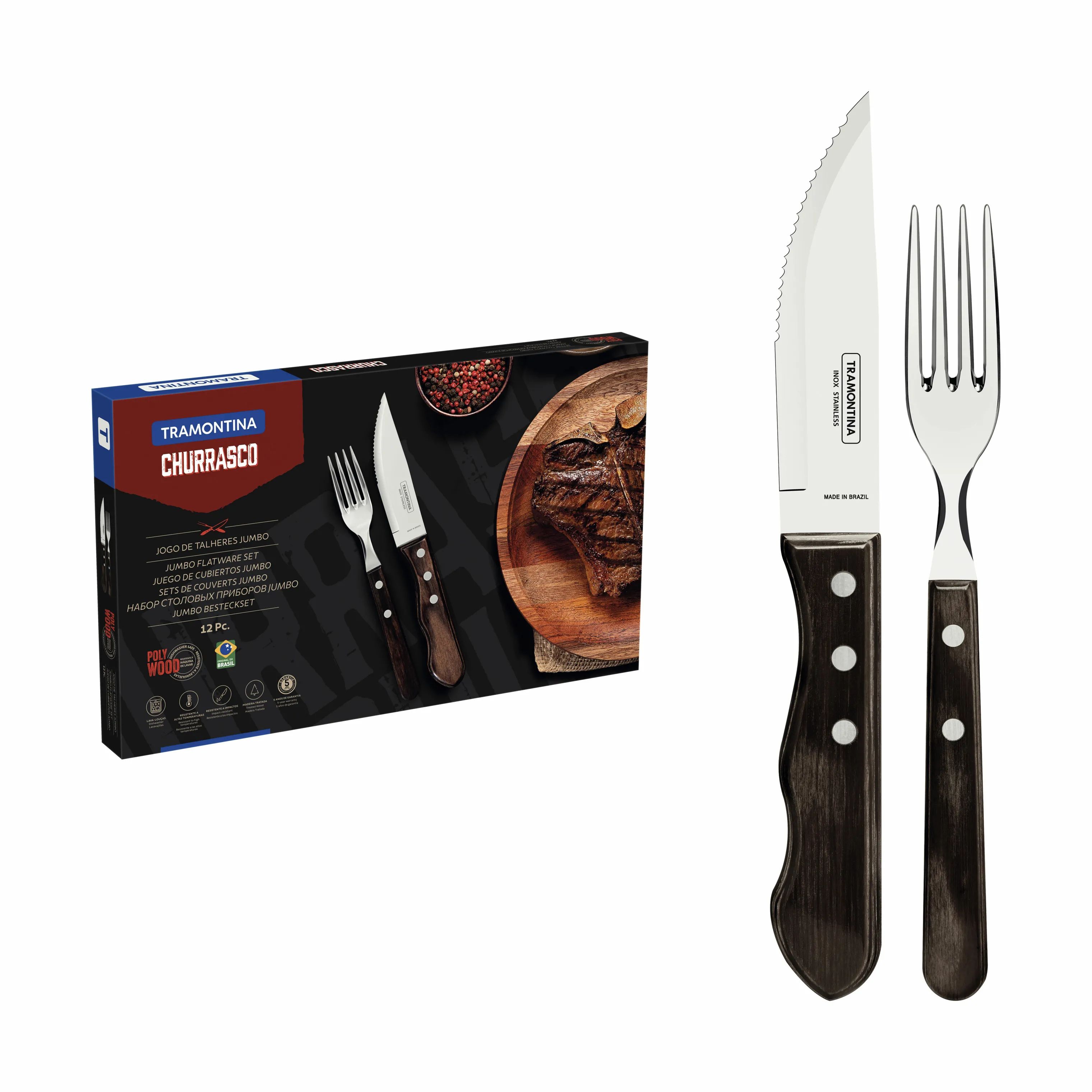 Tramontina Bestiksæt Jumbo Steak Bestiksæt - 12 dele i Stål/mørkebrun, 4