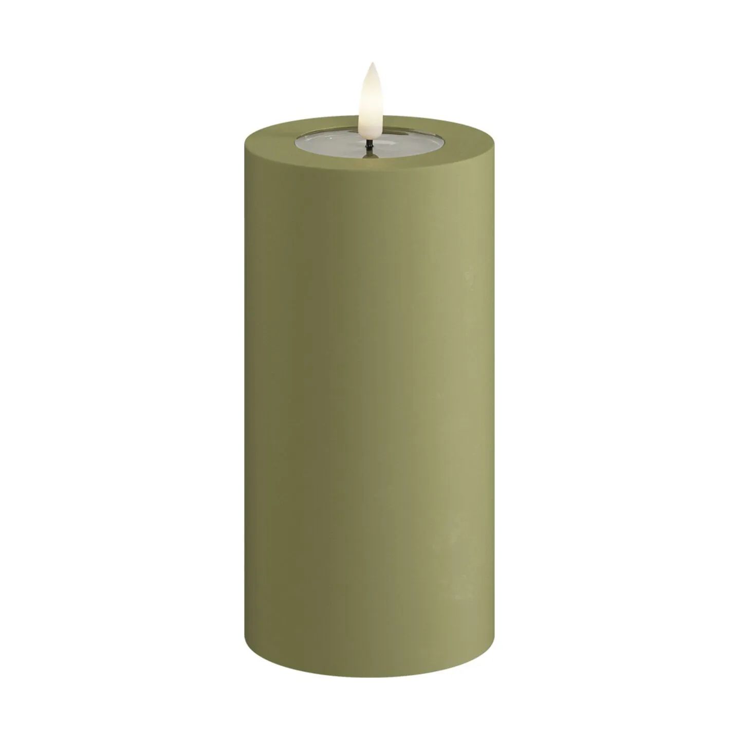 Deluxe Homeart LED-lys Real Flame LED Udendørs Bloklys i Oliven Grøn, H15 x Ø7,5 cm, 1