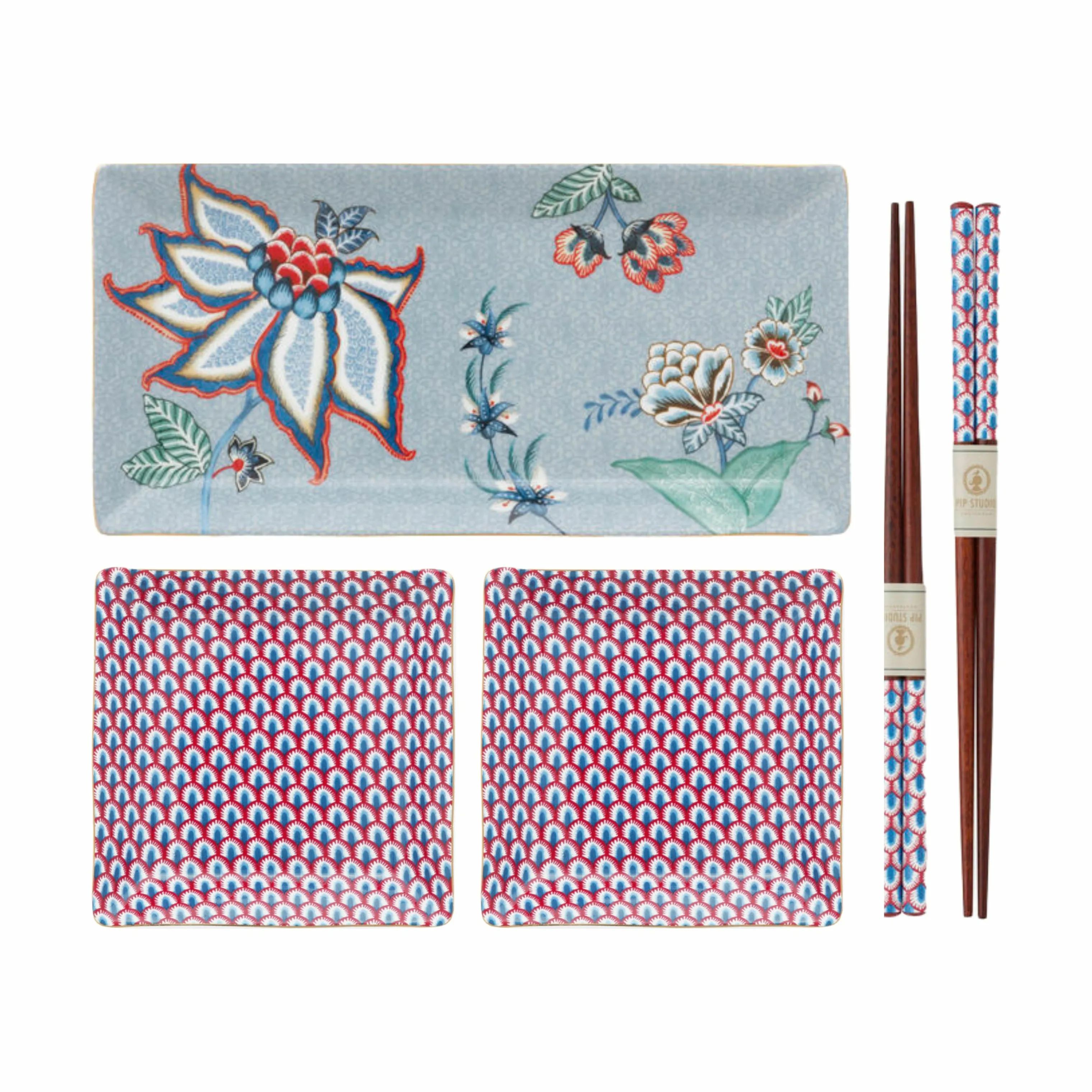 PIP Studio Bestiksæt Square Oriental Flower Festival Sushisæt - 5 dele i Blue flowers, 1