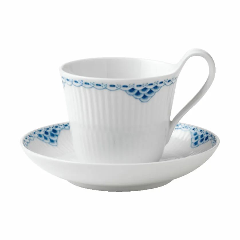 Royal Copenhagen Krus og kopper med hank Prinsesse Kaffekop m. underkop i Koboltblå/hvid, 24 cl, 1