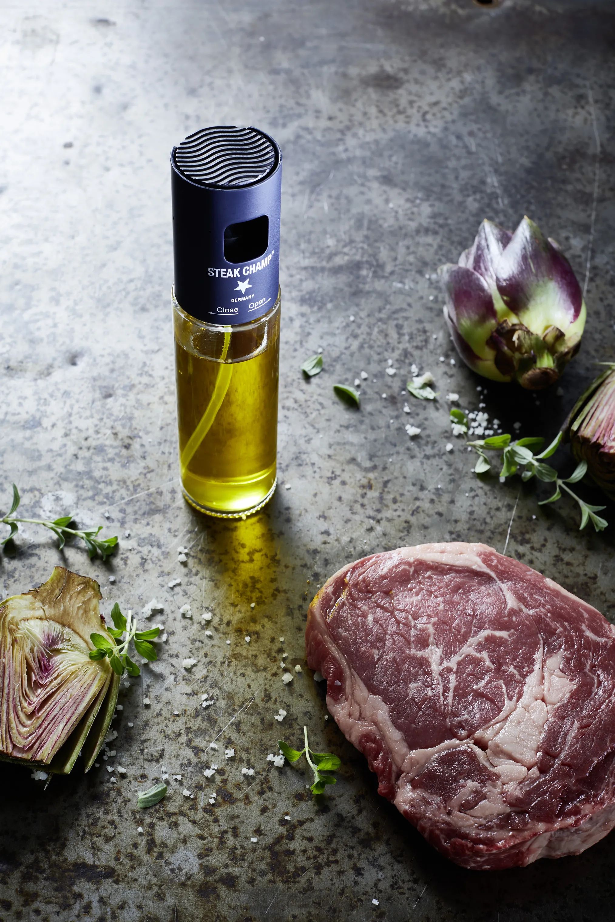 Steak Champ Olie- og eddikeflasker Oliespray i Klar/blå, 2