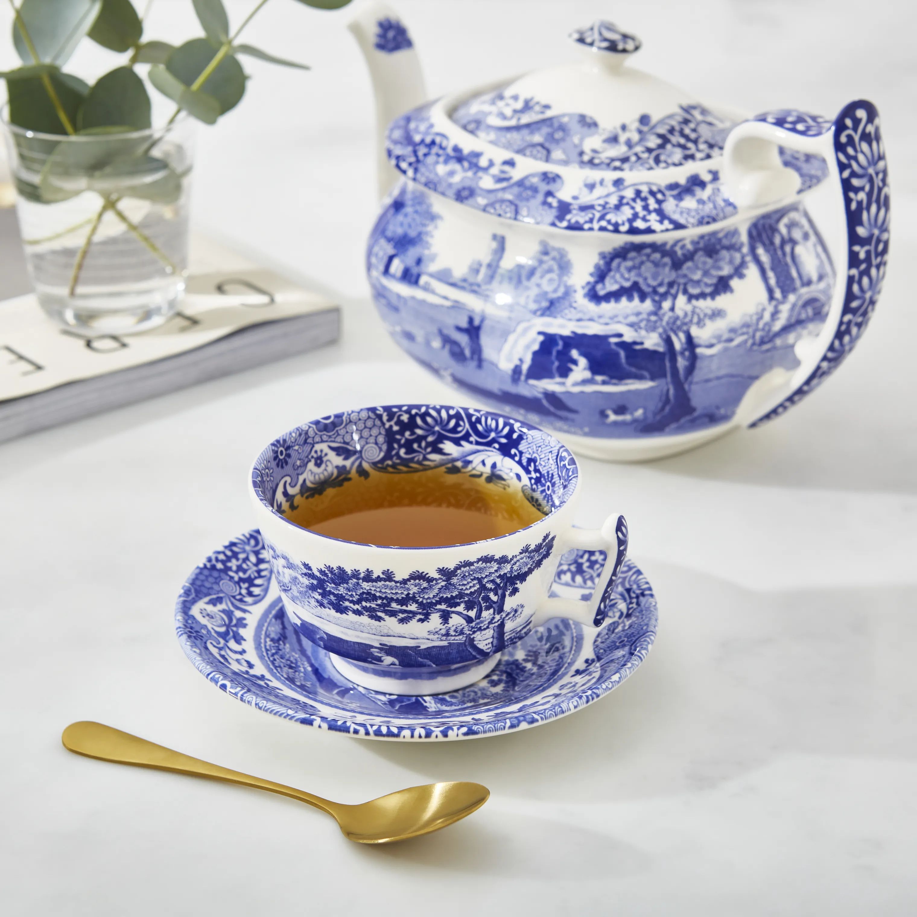 Spode Krus og kopper med hank Blue Italian Blue Italien Tekop m. underkop - 4 stk. i Blå/hvid, 3