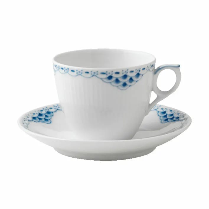 Royal Copenhagen Krus og kopper med hank Prinsesse Kaffekop m. underkop i Koboltblå/hvid, 17 cl, 1