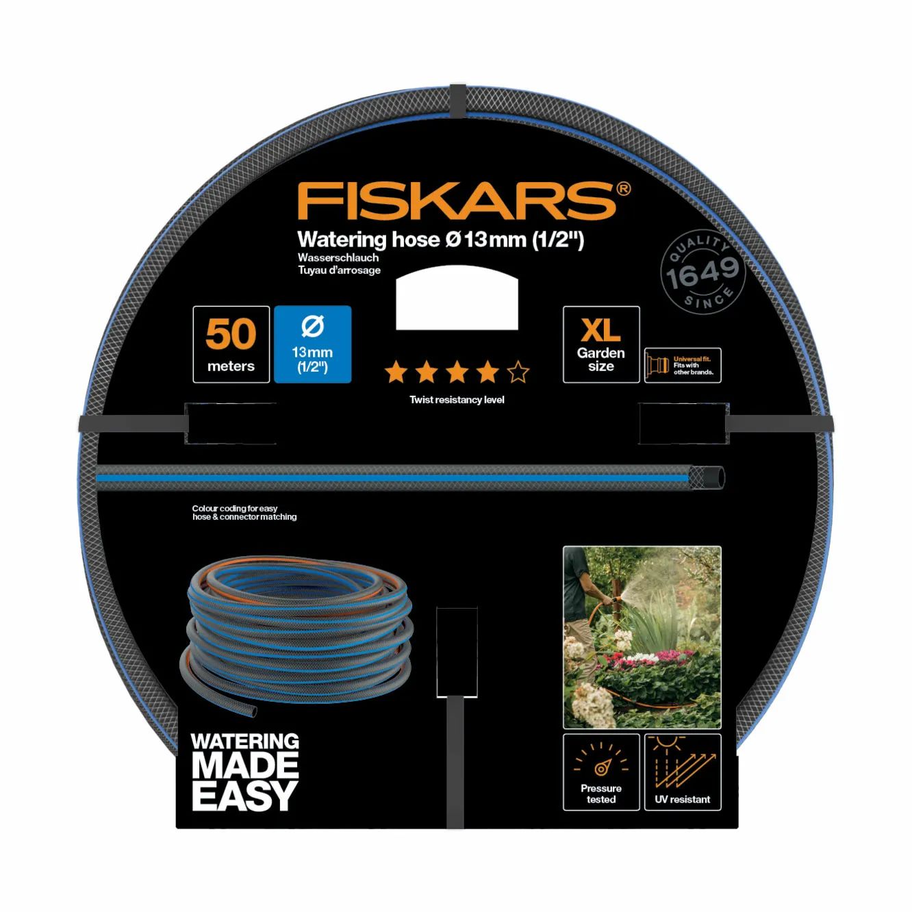Fiskars Haveslanger Vandslange Q4 i Sort, 50 m, 3