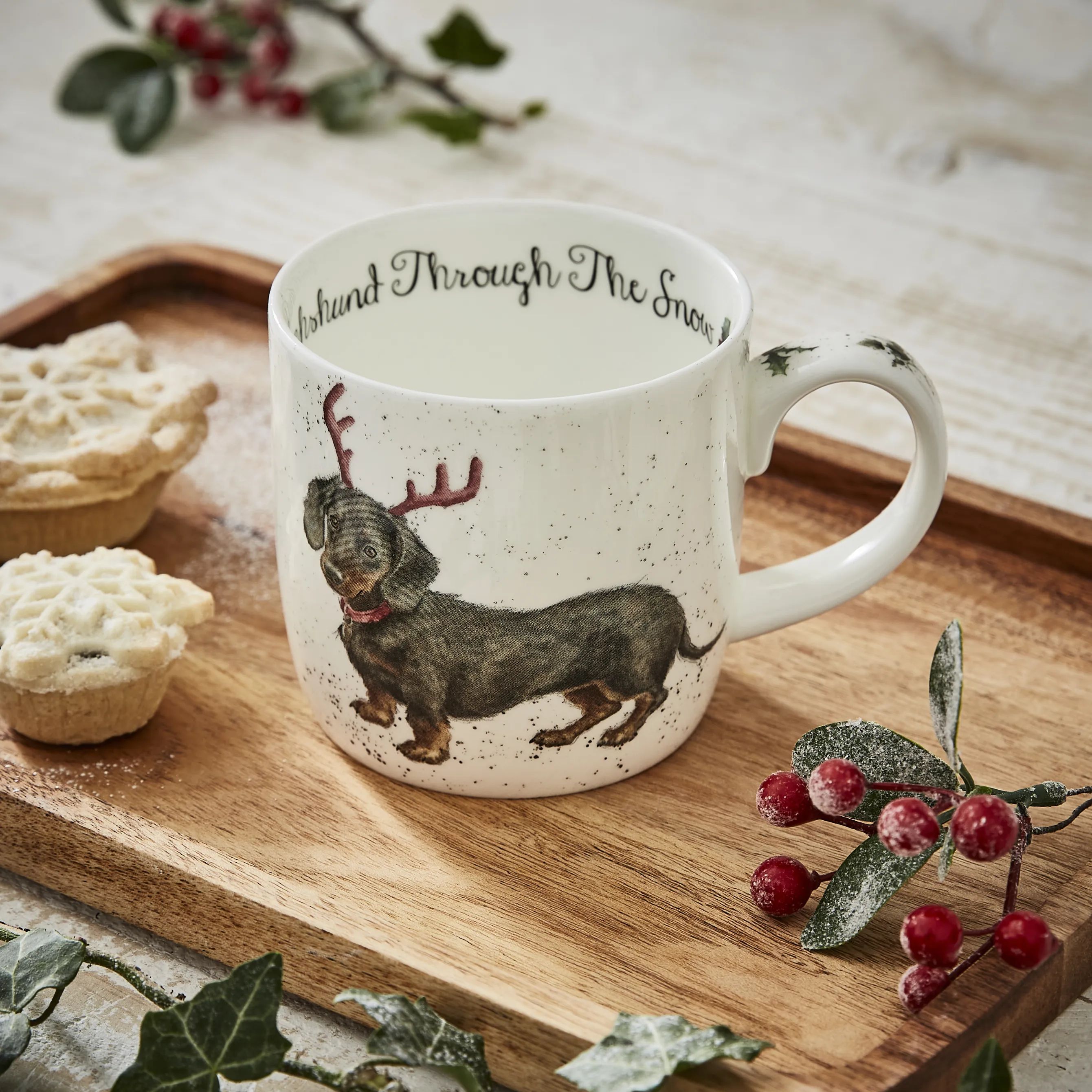 Royal Worcester Krus og kopper med hank Wrendale Krus - Dachshund Snow i Gravhund i sne, 2