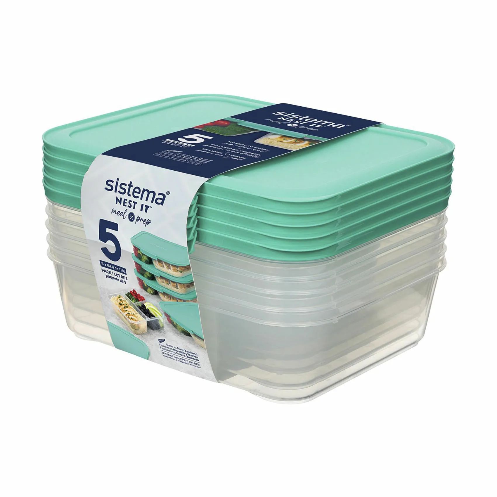 Sistema Opbevaringsbokse Nest It Meal Prep Opbevaringsboks - 5 stk. i Minty Teal, 1.9 L, 2