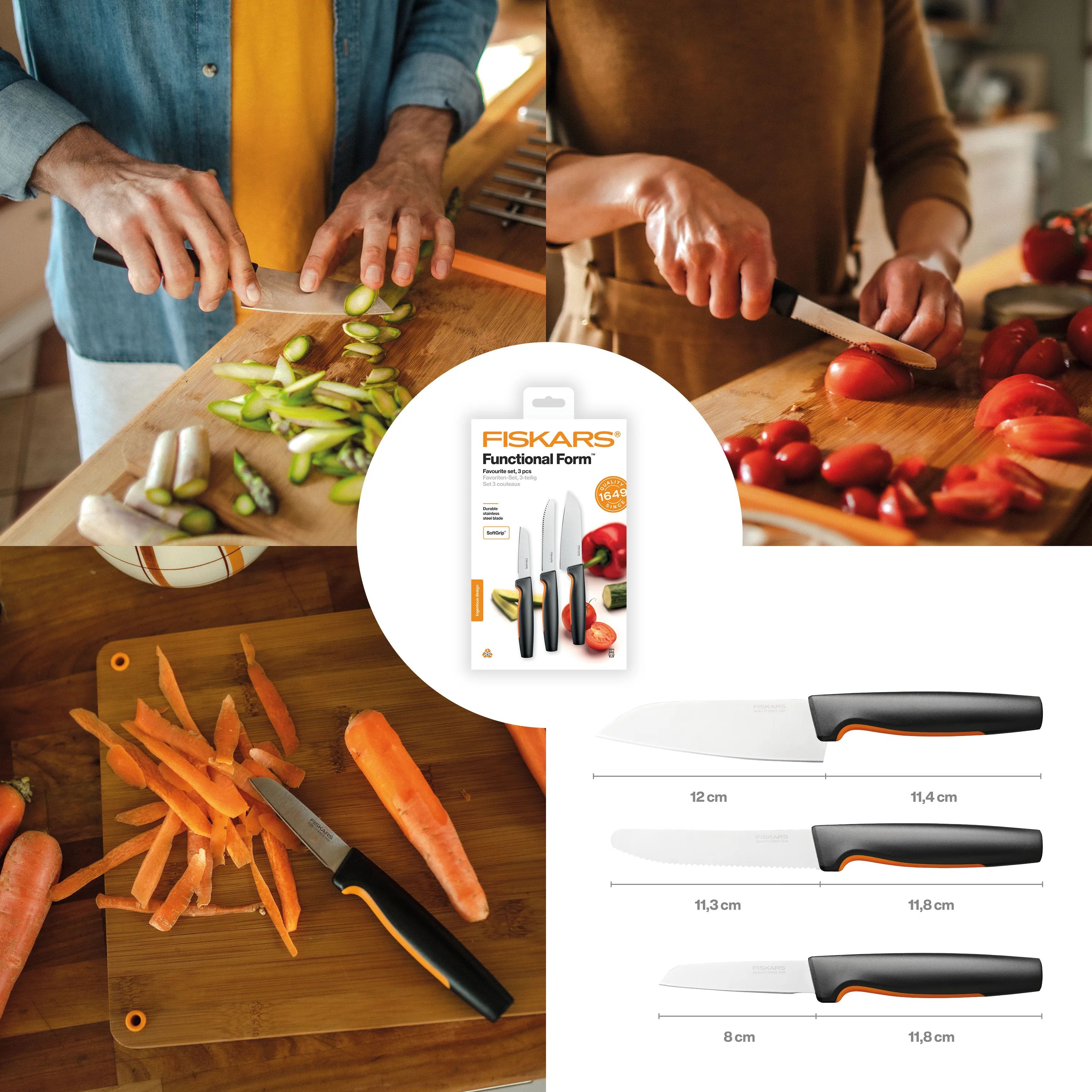 Fiskars Knivsæt Functional Form Favorit Knivsæt - 3 dele i Sort/Orange, 3