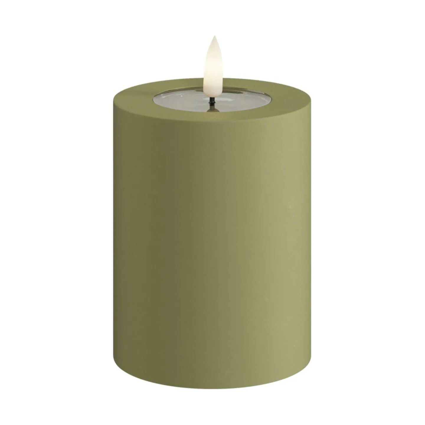 Deluxe Homeart LED-lys Real Flame LED Udendørs Bloklys i Oliven Grøn, H10 x Ø7,5 cm, 1
