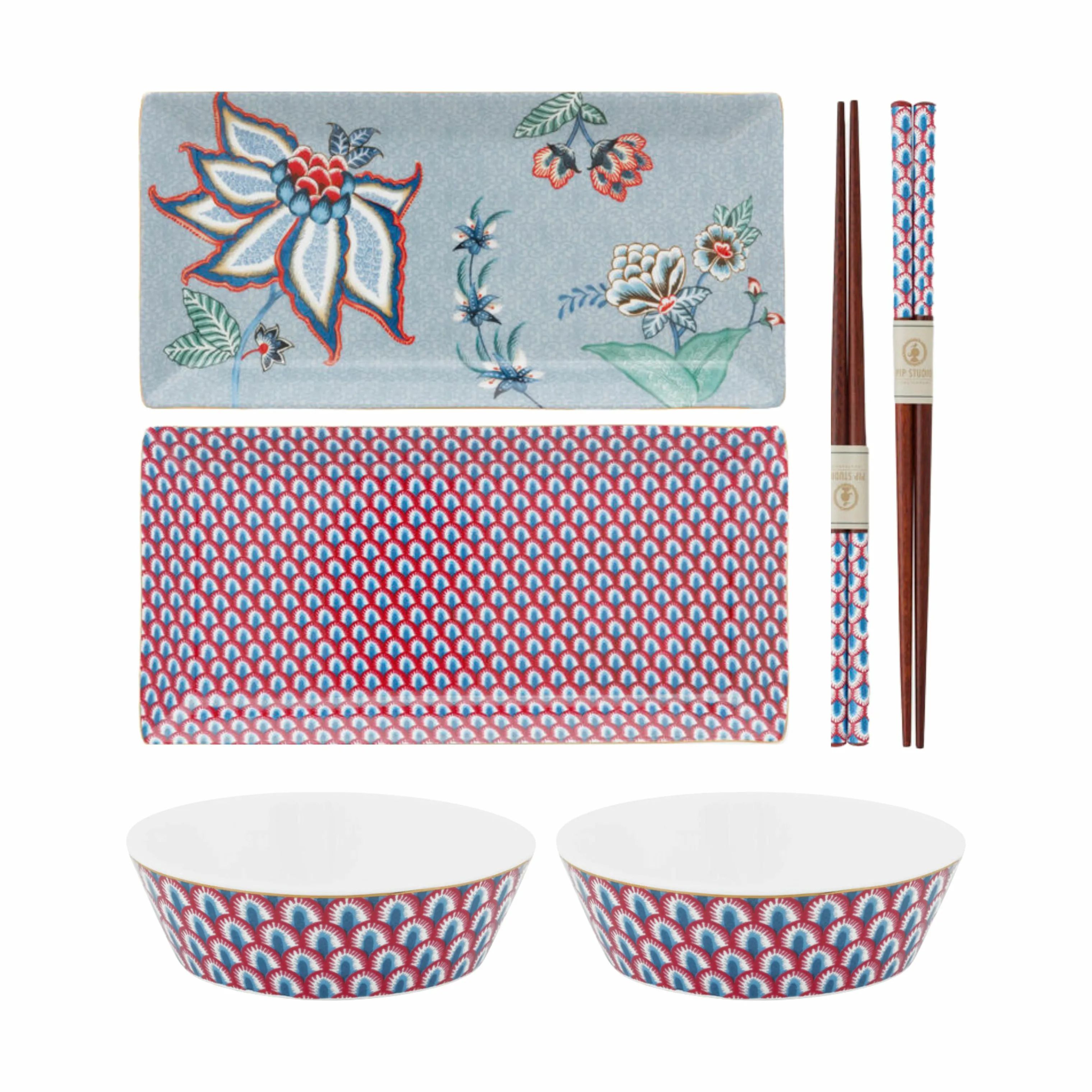 PIP Studio Bestiksæt Round Oriental Flower Festival Sushisæt - 5 dele i Blue, 1