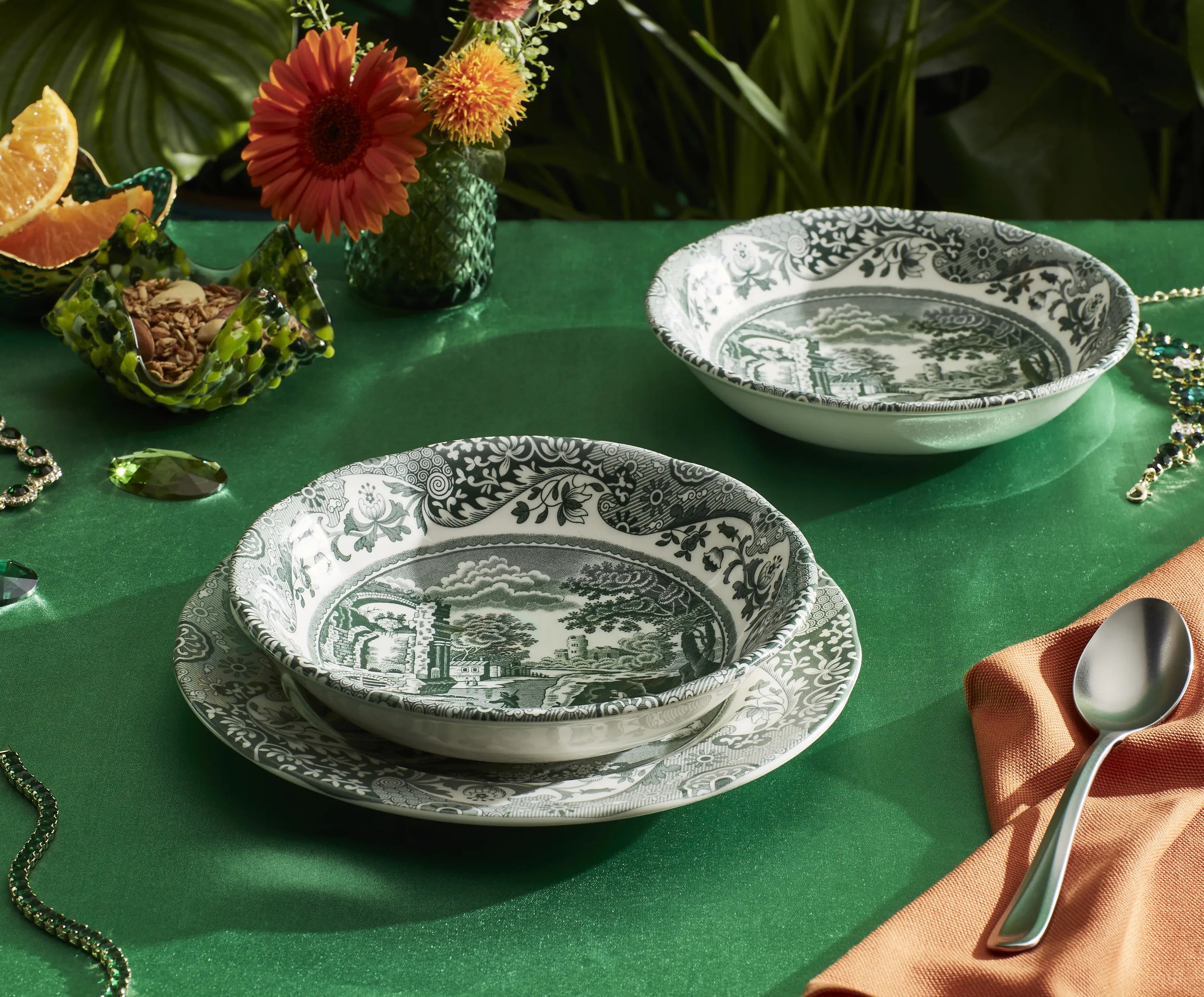 Spode Serveringsskåle Heritage Green Italian Skål - 4 stk. i Grøn/hvid, 2