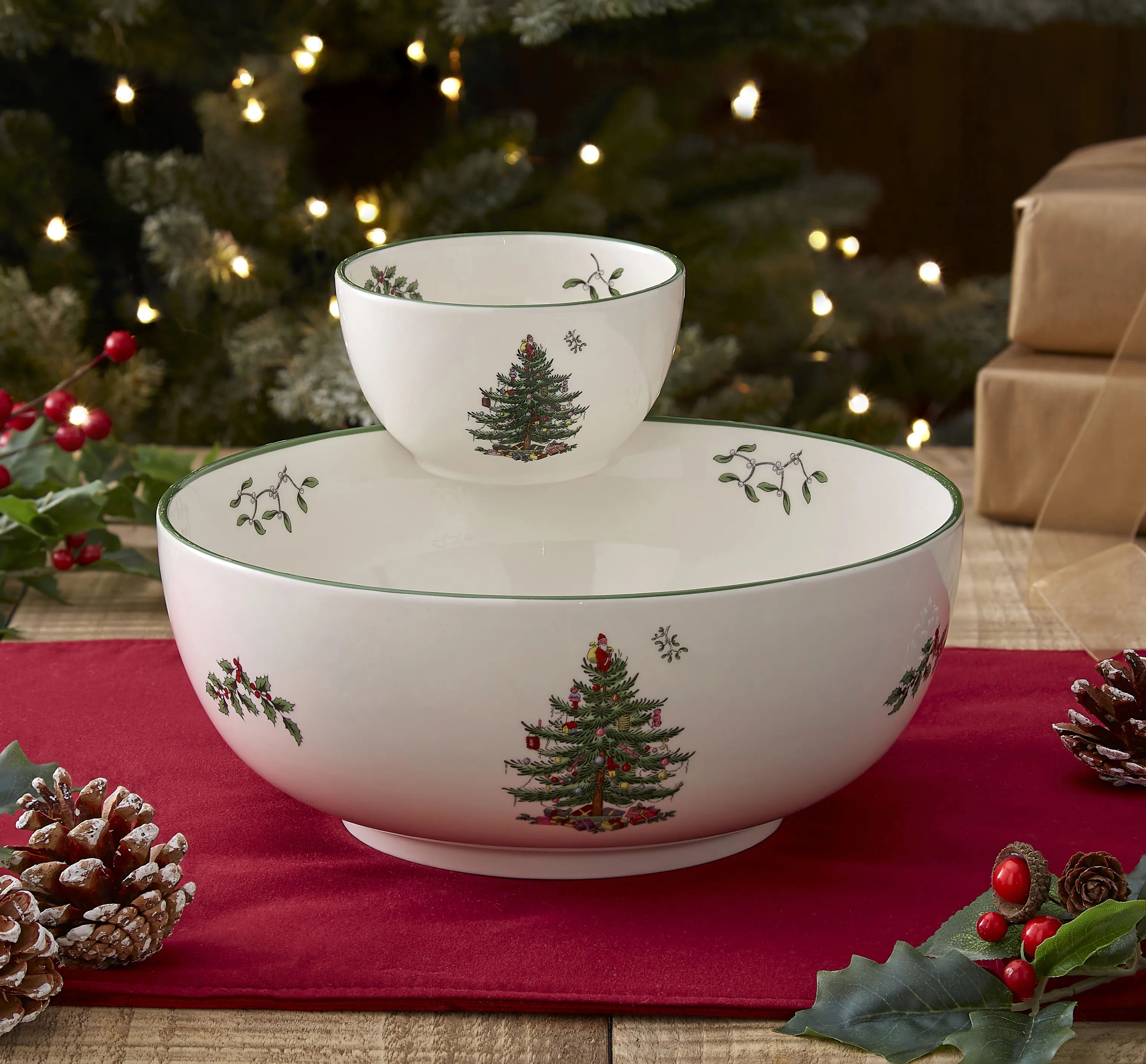Spode Serveringsskåle Christmas Tree Chip´n Dip Skålsæt - 2 dele i Hvid/grøn/rød, 2
