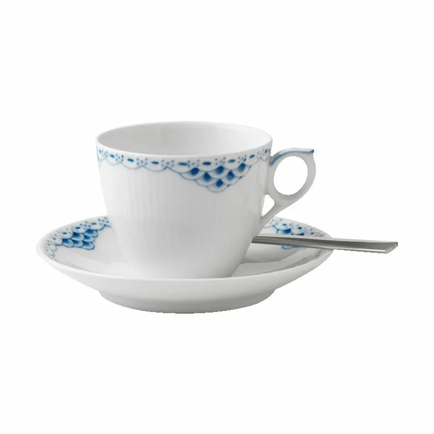 Royal Copenhagen Krus og kopper med hank Prinsesse Kaffekop m. underkop i Koboltblå/hvid, 17 cl, 2